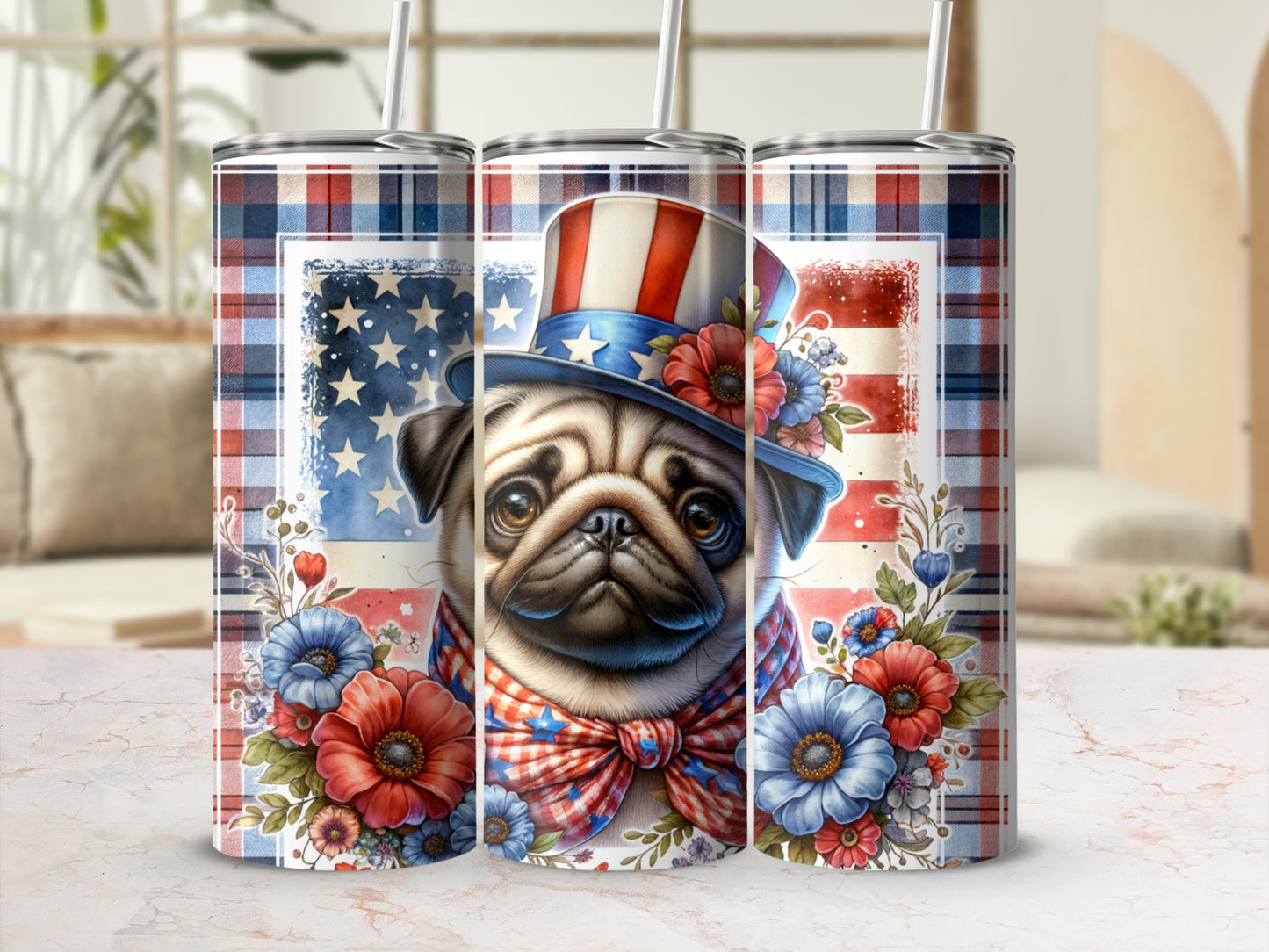 Tapered tumbler with patriotic pug wearing top hat and floral accents.