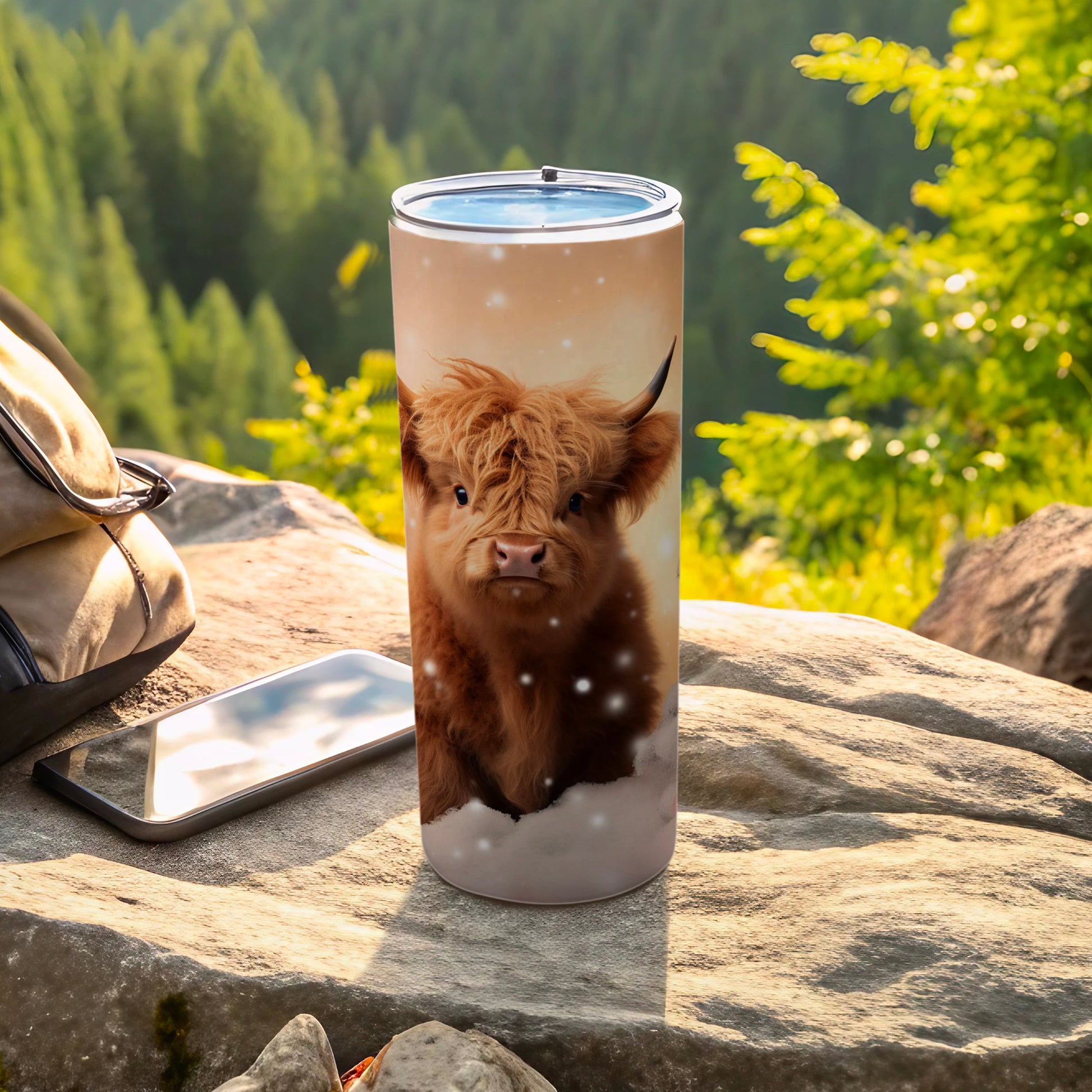 Highland Cow Tumbler with Nature Background