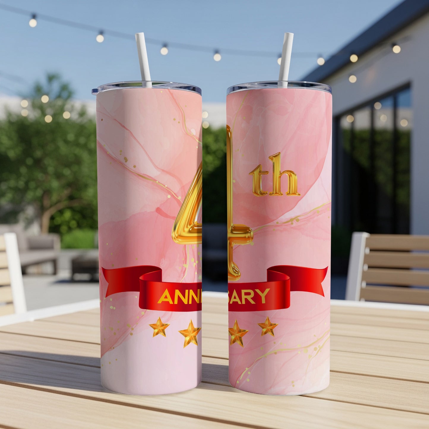 Pink marbled tumbler with "4th Anniversary" text and gold stars on red ribbon.