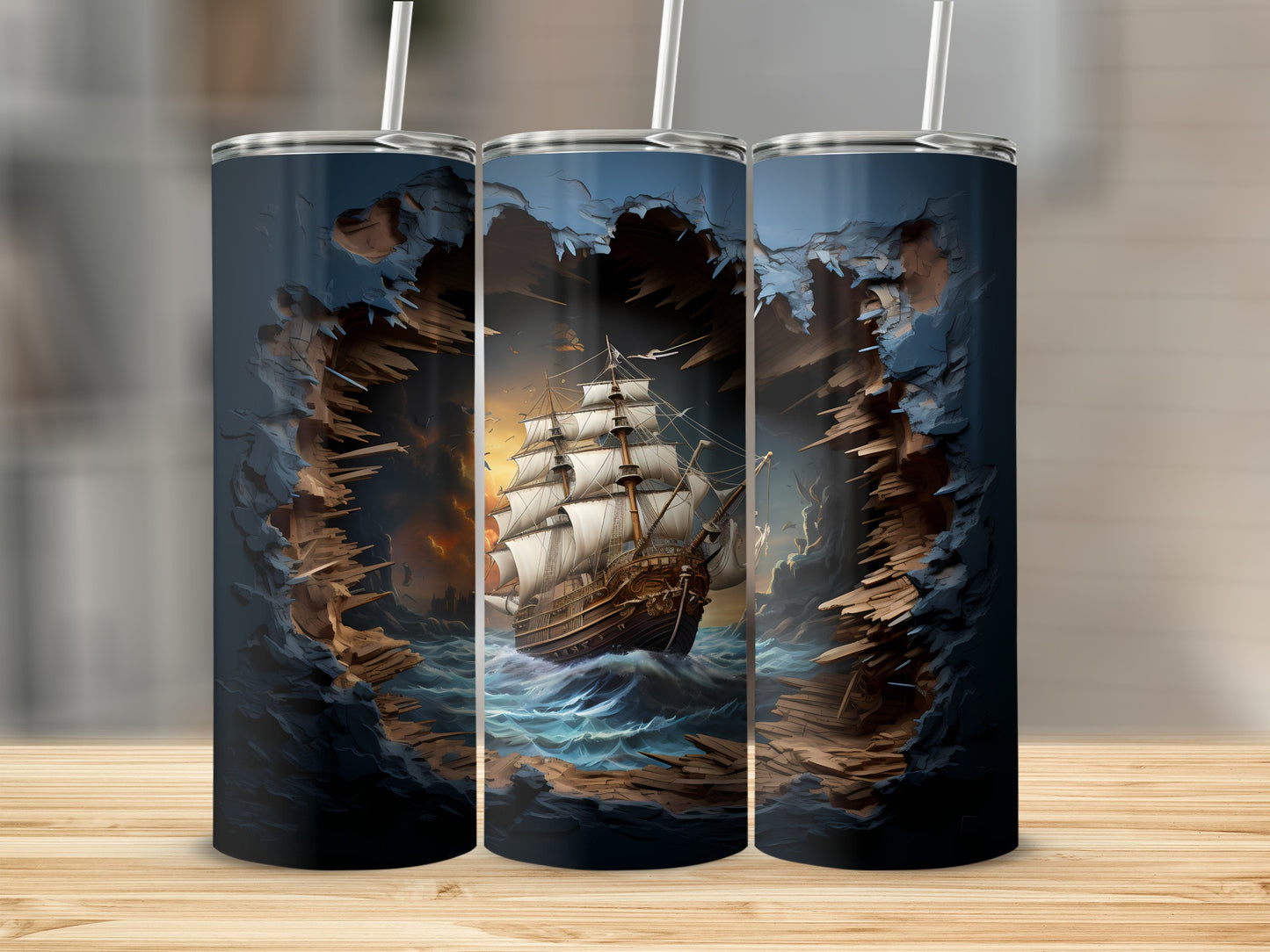 Tall ship sailing through stormy seas, emerging from torn rock.