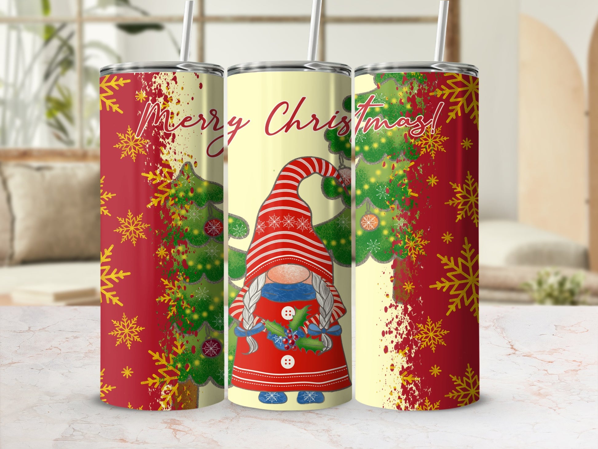 Christmas gnome with trees and snowflakes on a yellow tumbler.