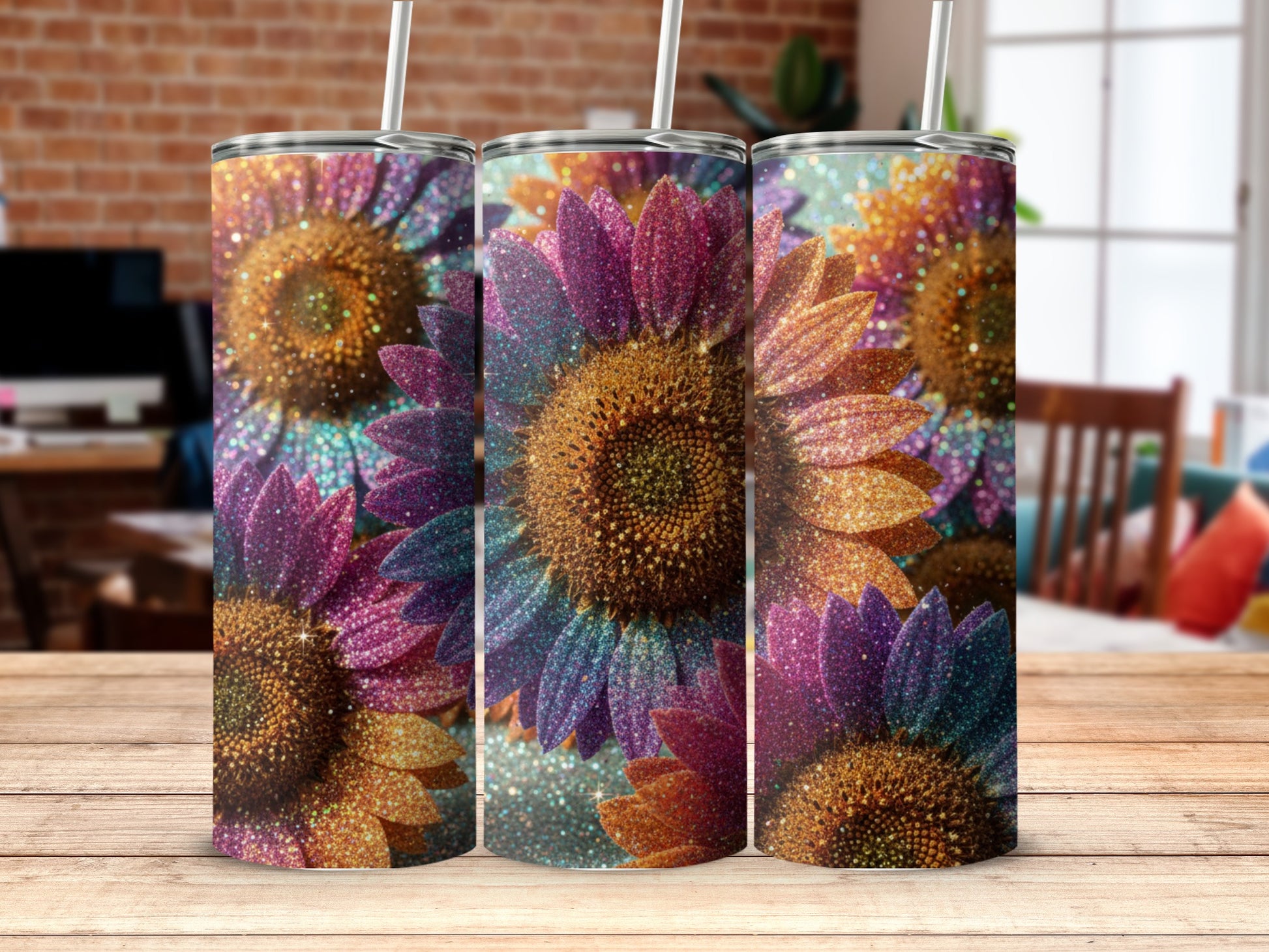 Sparkling Colorful Sunflower Themed Tumbler Product