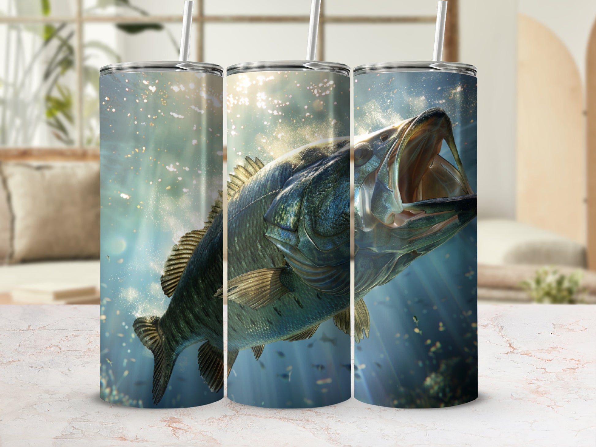 Largemouth bass swimming underwater with mouth open, sunlight filtering through water.