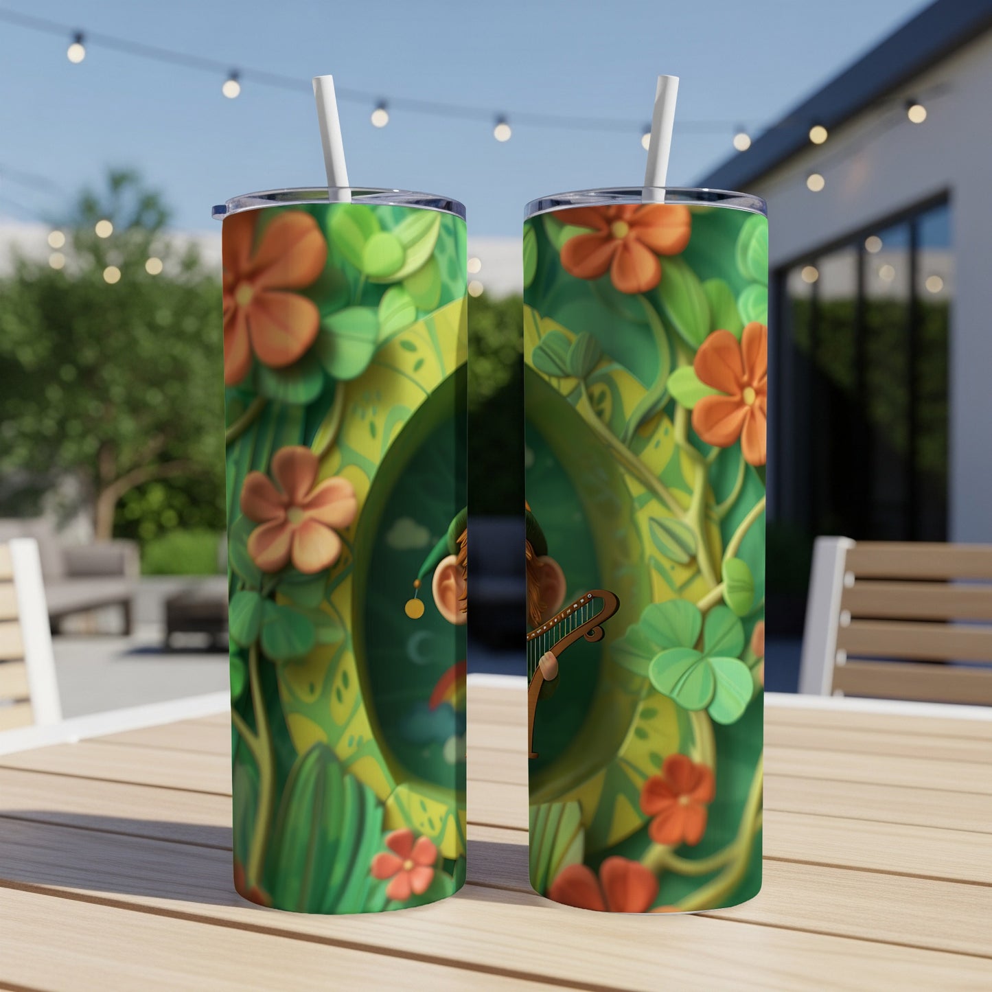 Leprechaun playing banjo in a green clover and flower pattern on a tumbler.