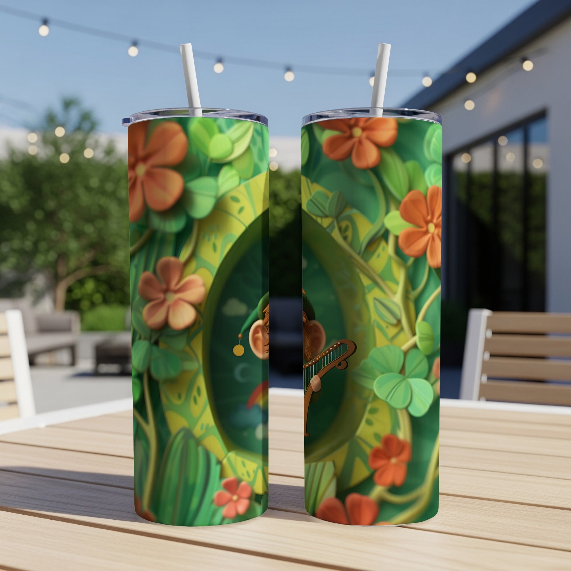 Leprechaun playing banjo in a green clover and flower pattern on a tumbler.