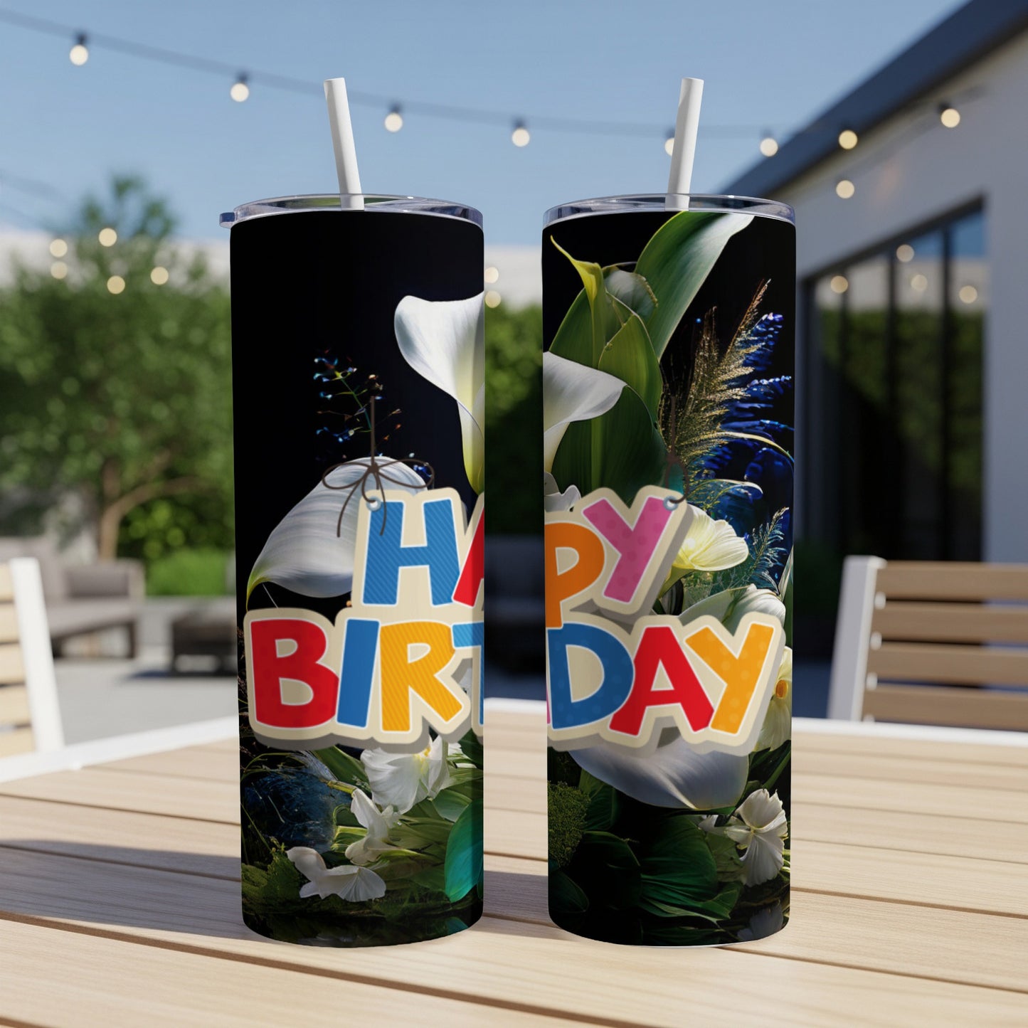 Two tumblers with "Happy Birthday" in colorful block letters and floral accents.