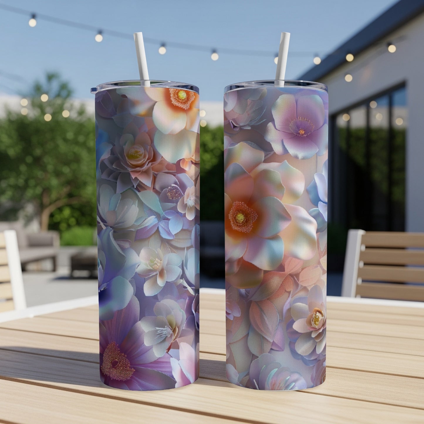 Two tall tumblers with a floral pattern sit on a table outdoors.