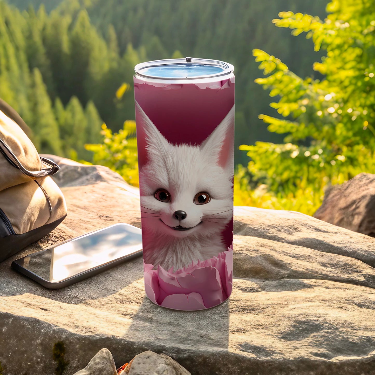 Adorable White Fox Design with Pink Background Tumbler