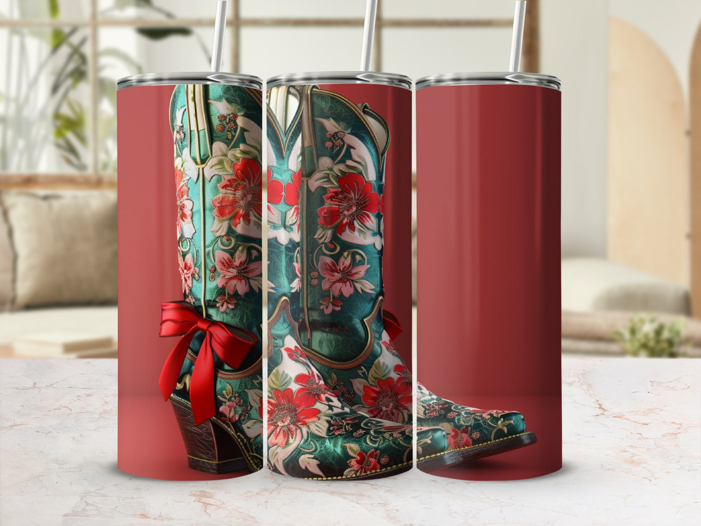 Triptych of a tall cowboy boot with red floral pattern and red bow.