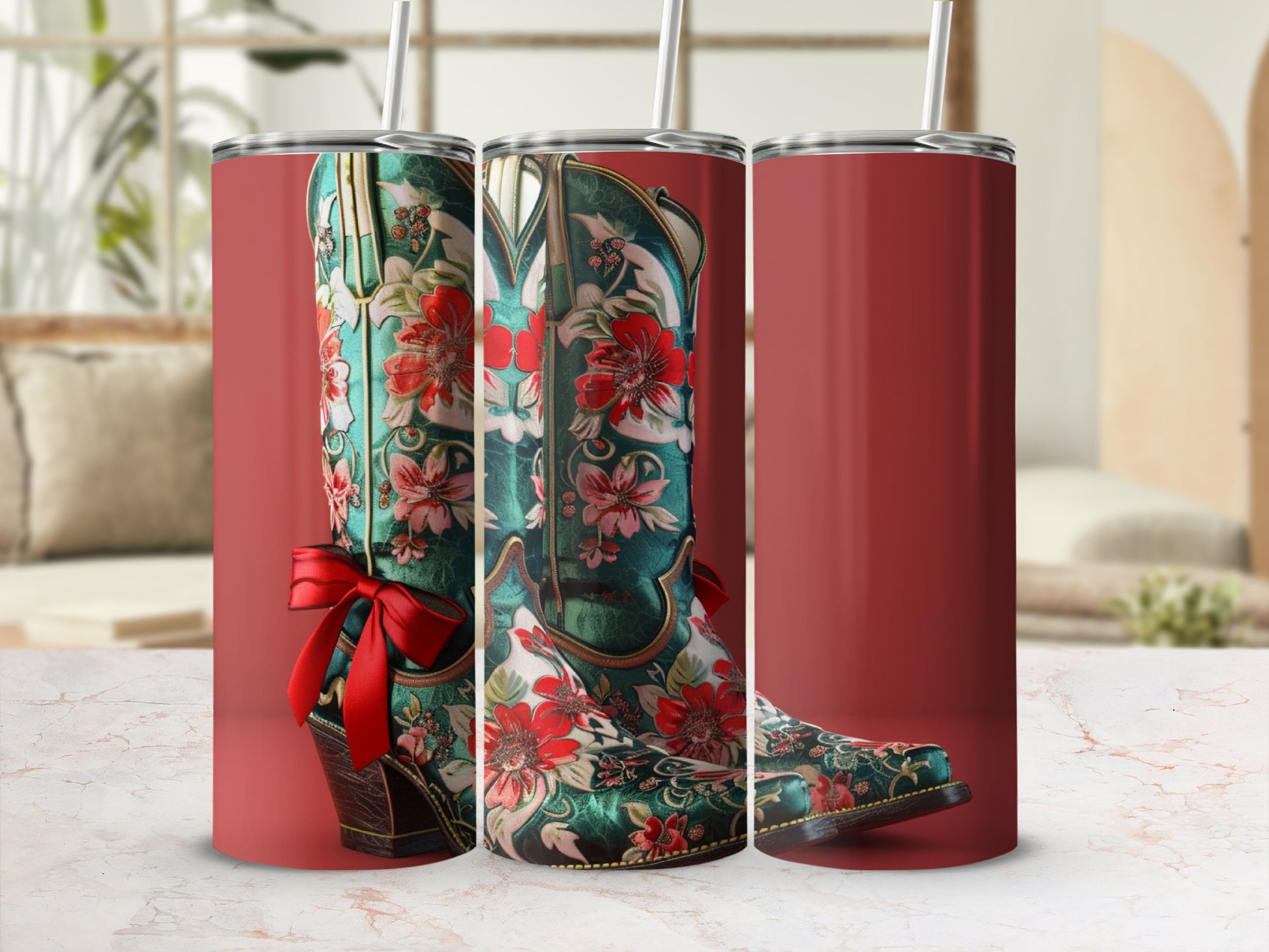 Triptych of a tall cowboy boot with red floral pattern and red bow.