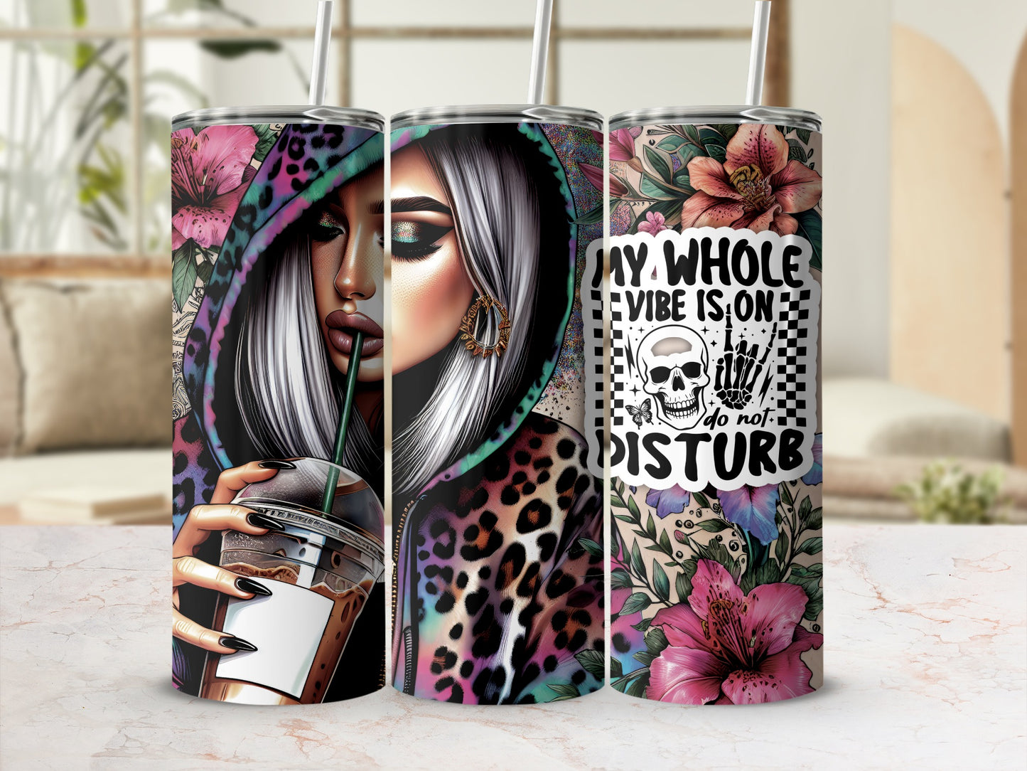 Tumbler with leopard print, floral designs, and skull graphic with "My Whole Vibe Is On Do Not Disturb" text.