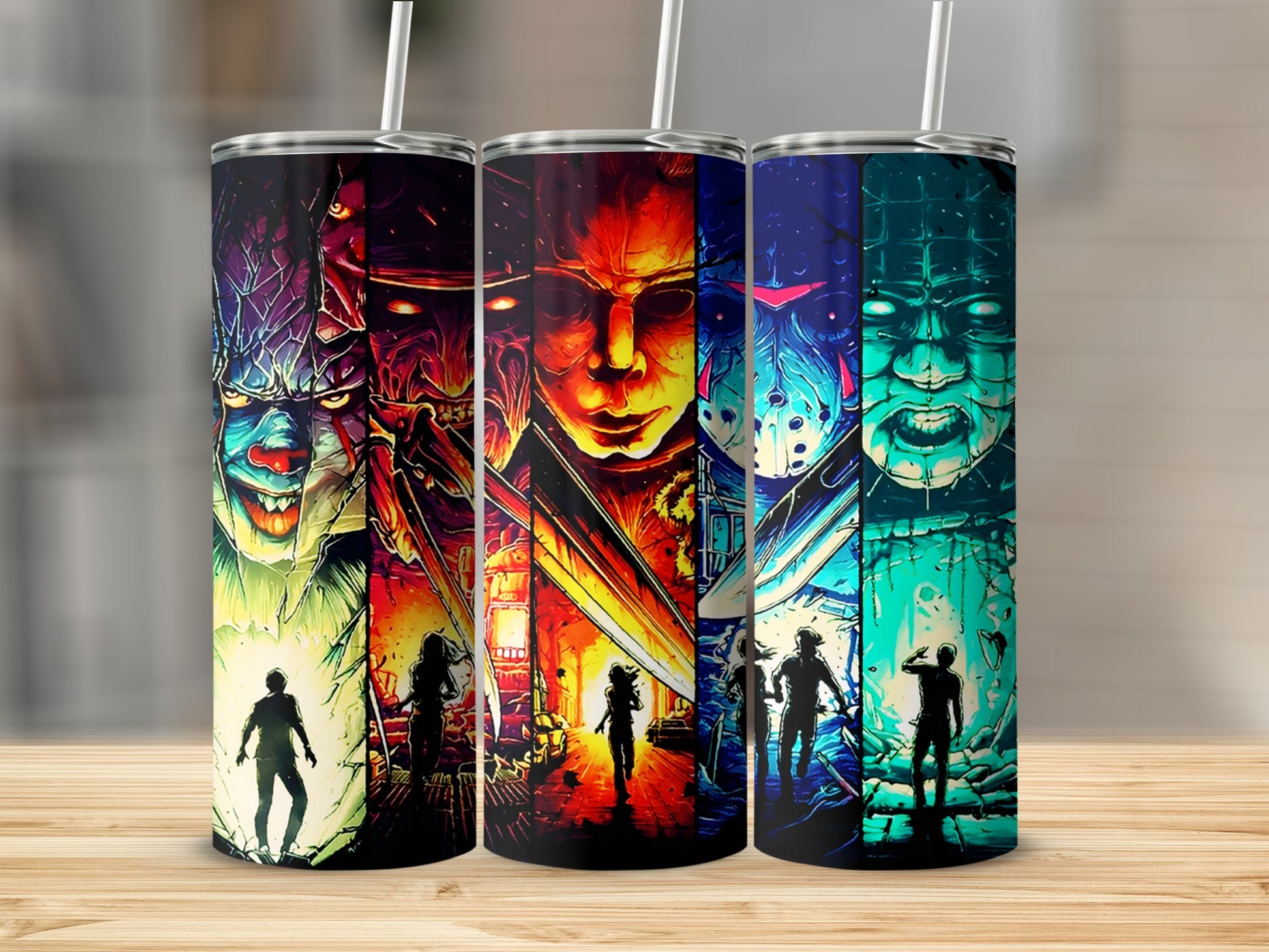 Three horror movie character tumblers with silhouettes of people.