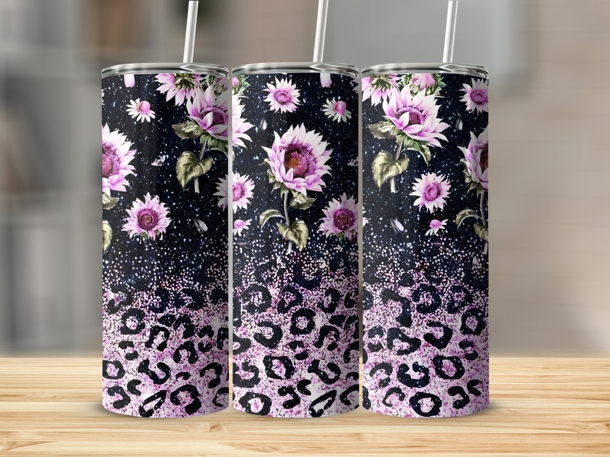 Three tumblers with sunflowers and pink leopard print.