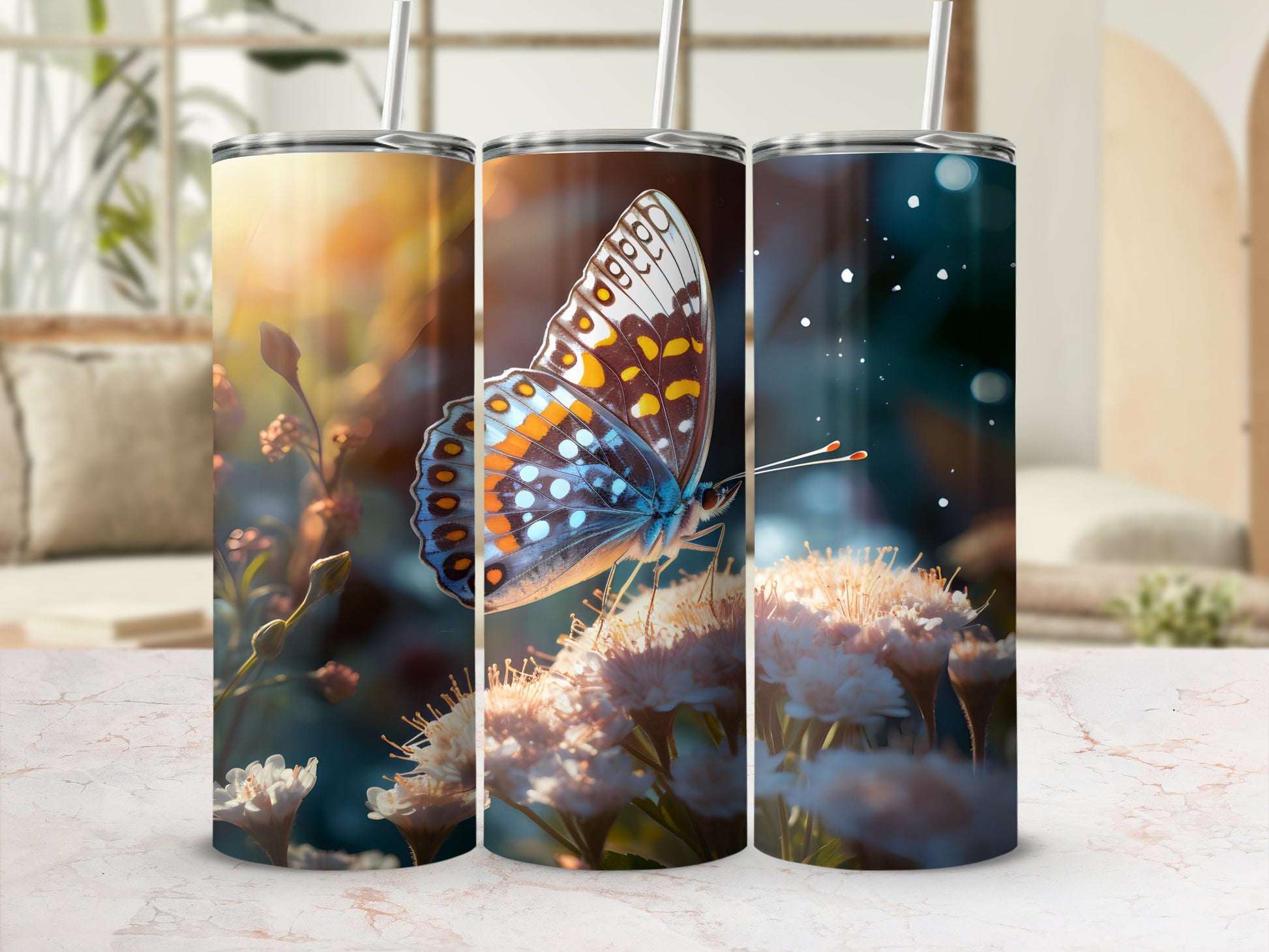 Three tumblers with vibrant butterfly designs against a bokeh floral background.
