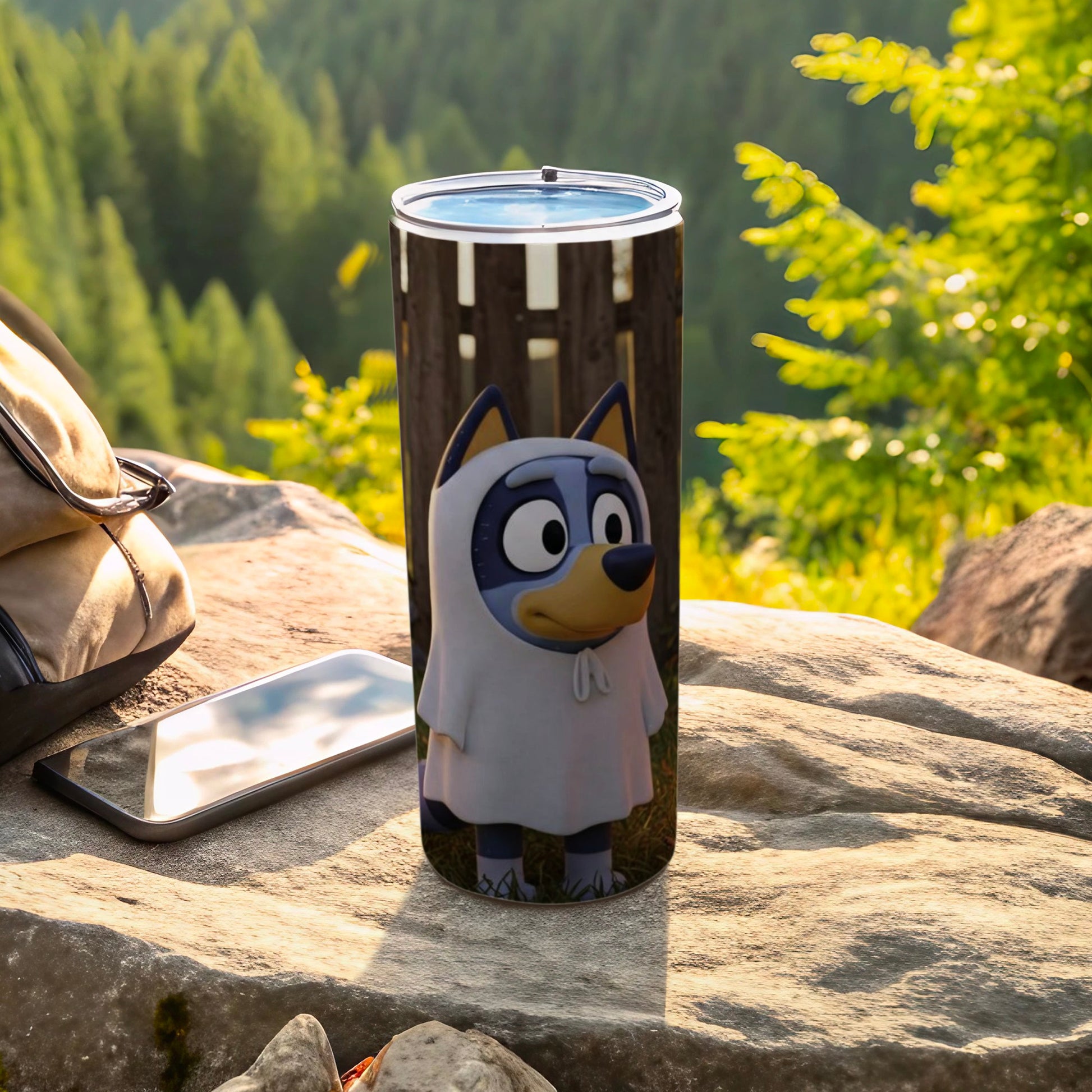 Bluey ghost costume character wooden fence tumbler product type
