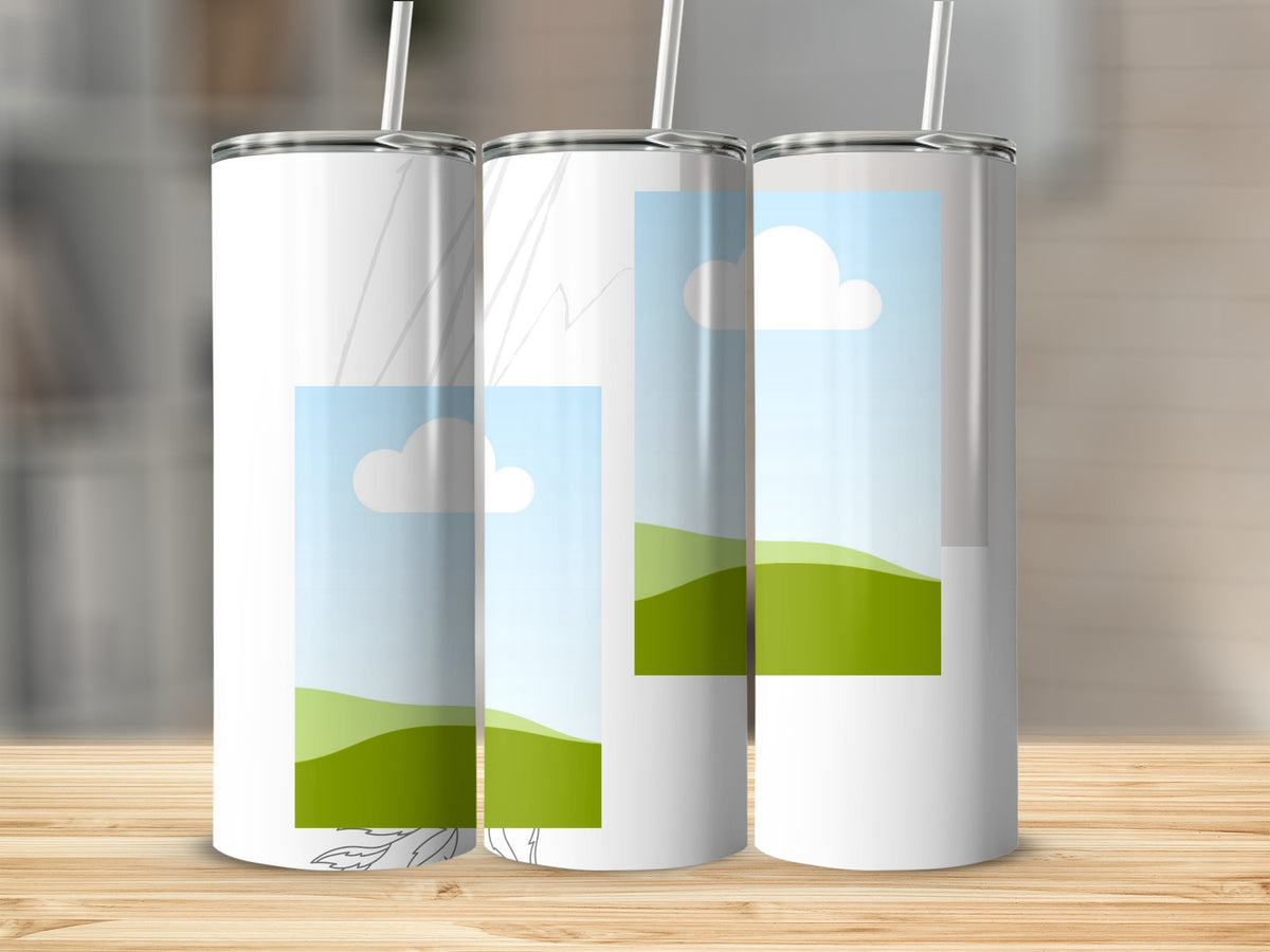 Three white tumblers with straw display a sky with clouds and green rolling hills design.