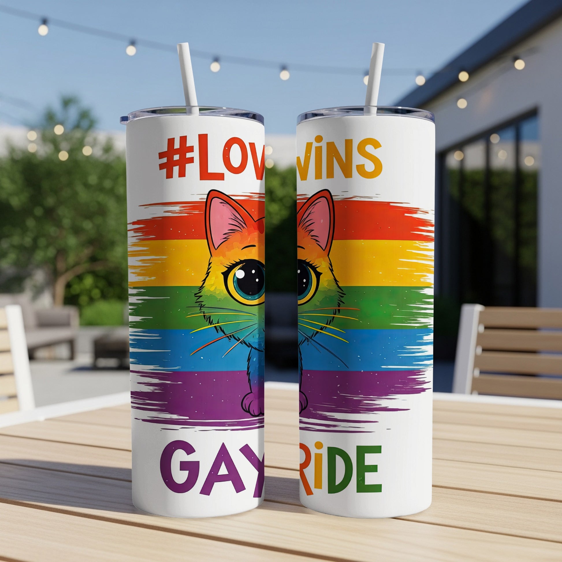 Rainbow tumbler with cat and #LOVEWINS GAY PRIDE text.