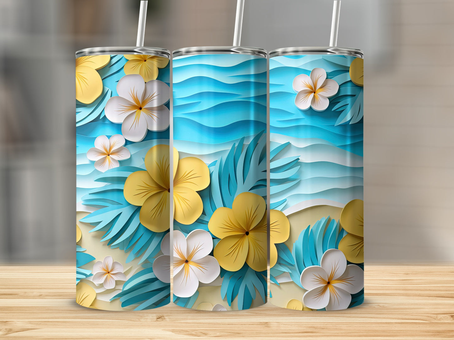 Floral Tropical Beach Design Skinny Tumblers