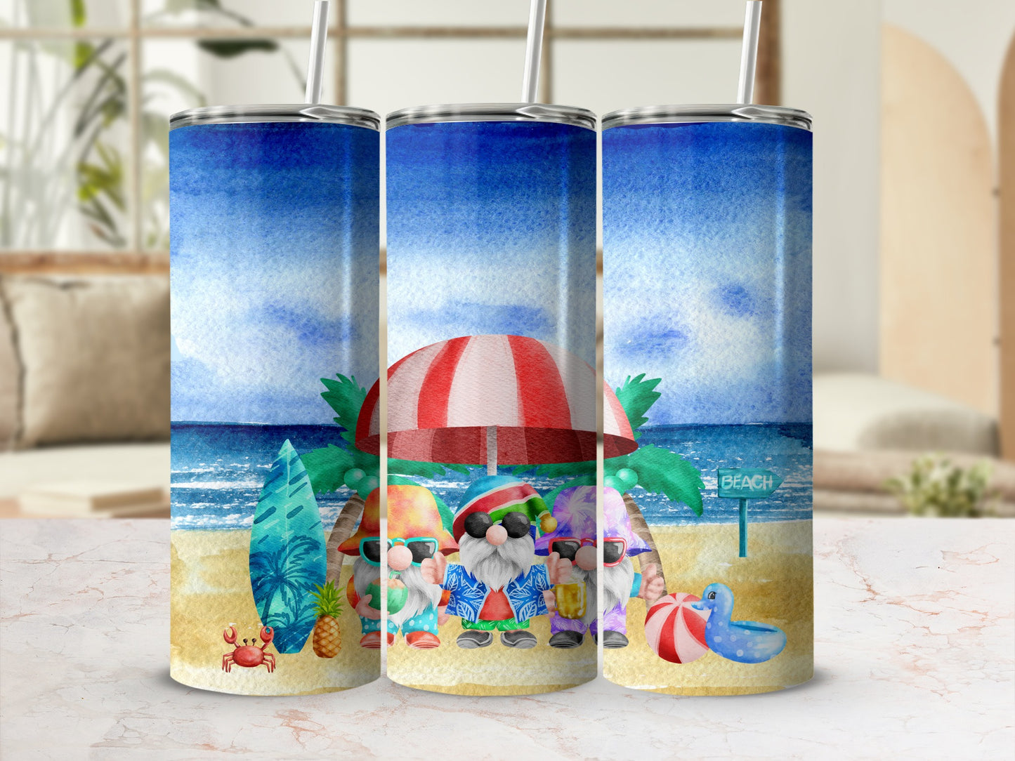 Three gnomes wearing sunglasses and swim trunks on a beach under an umbrella.