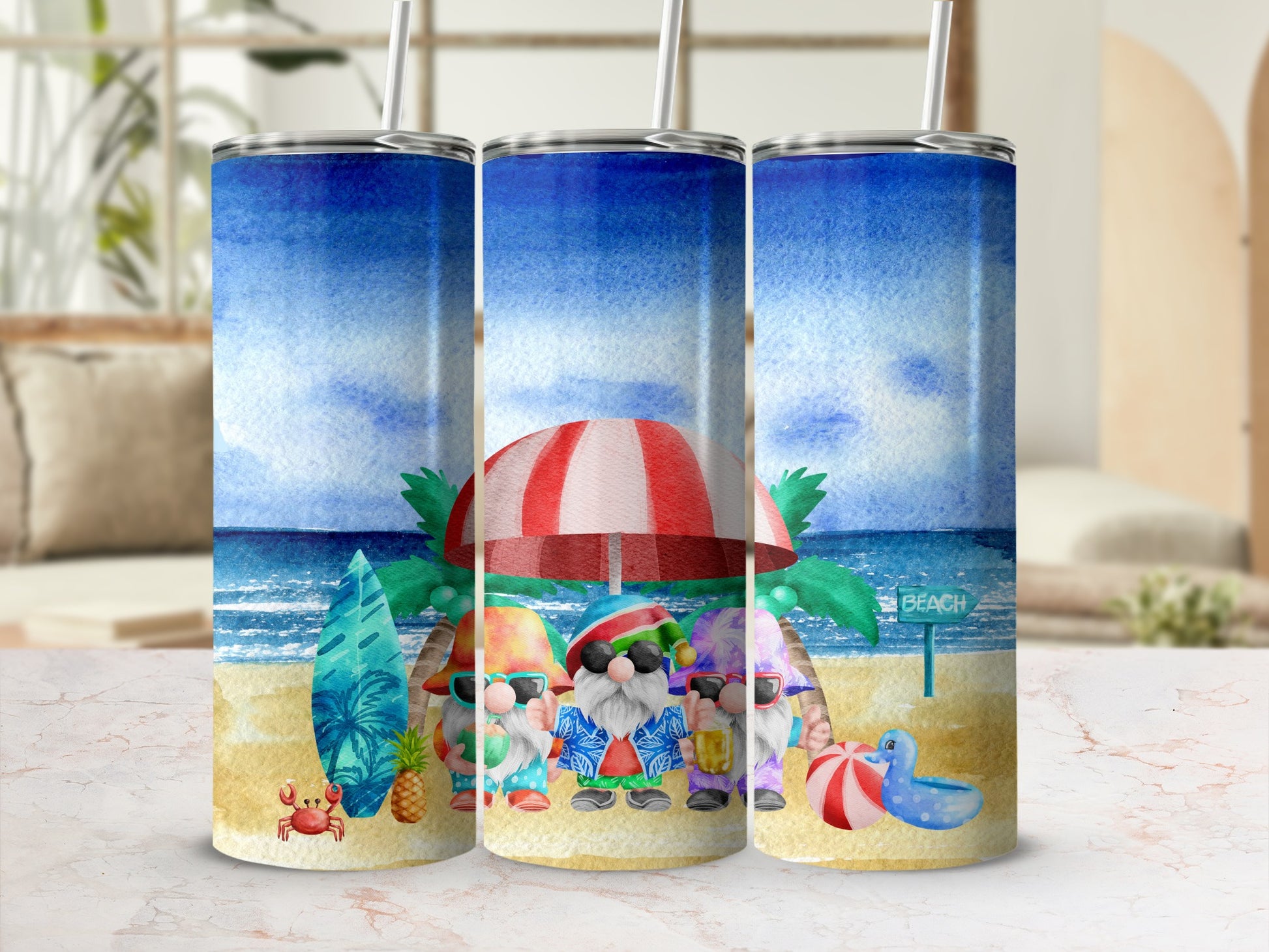 Three gnomes wearing sunglasses and swim trunks on a beach under an umbrella.