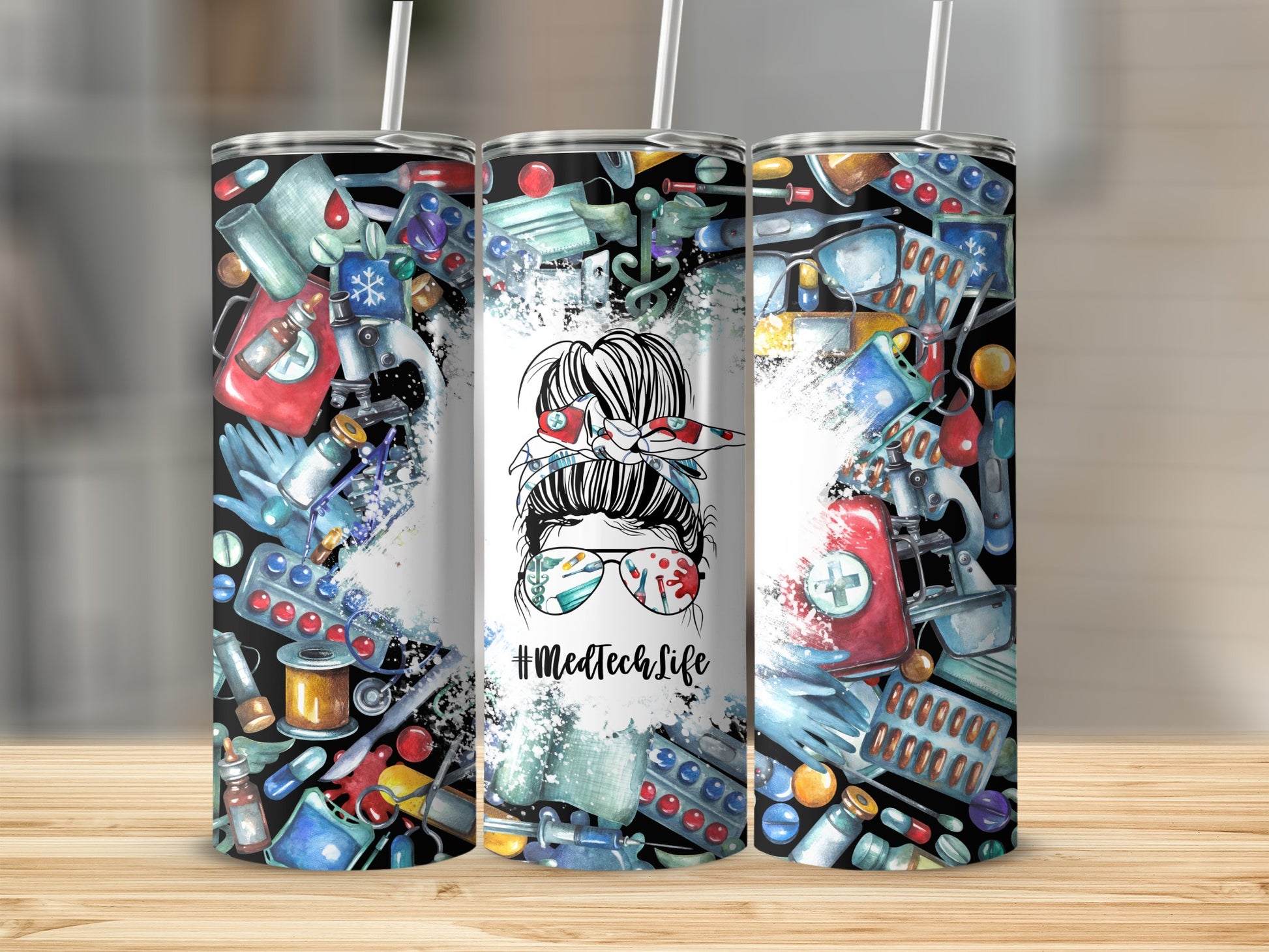 Tumbler with #MedTechLife and medical supplies design.