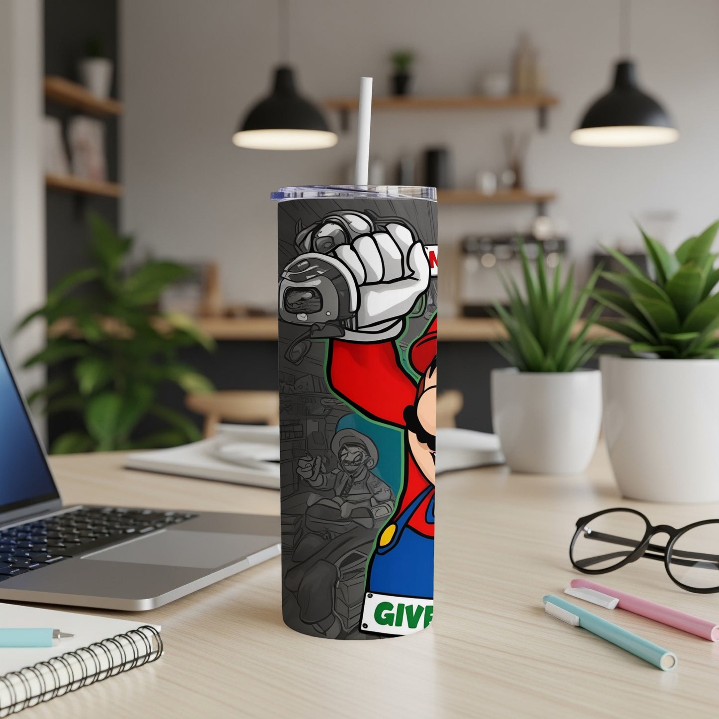Mario holding a Game Boy on a skinny tumbler.