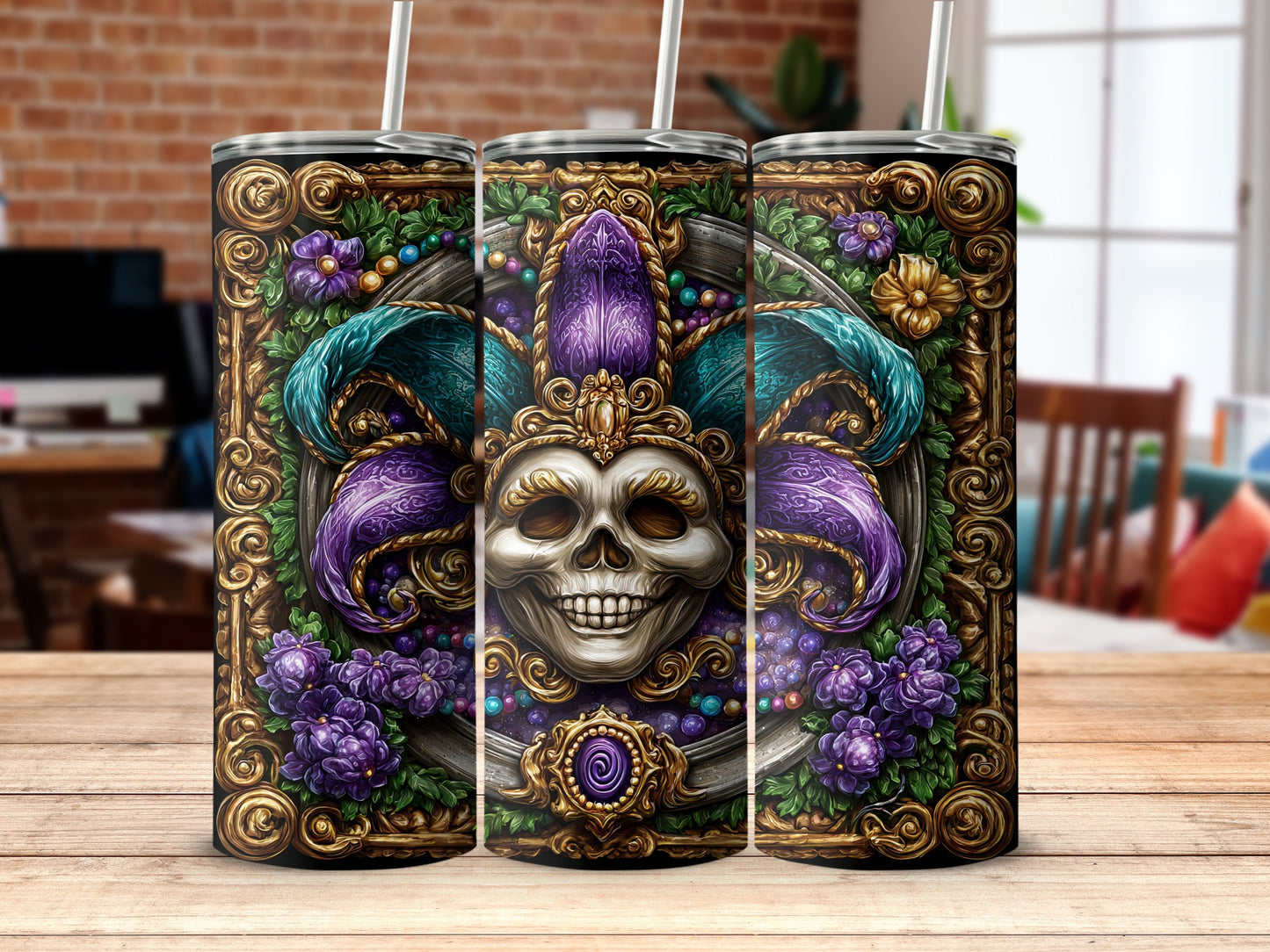 Ornate Skull and Jester Tumbler with Floral Accents Product