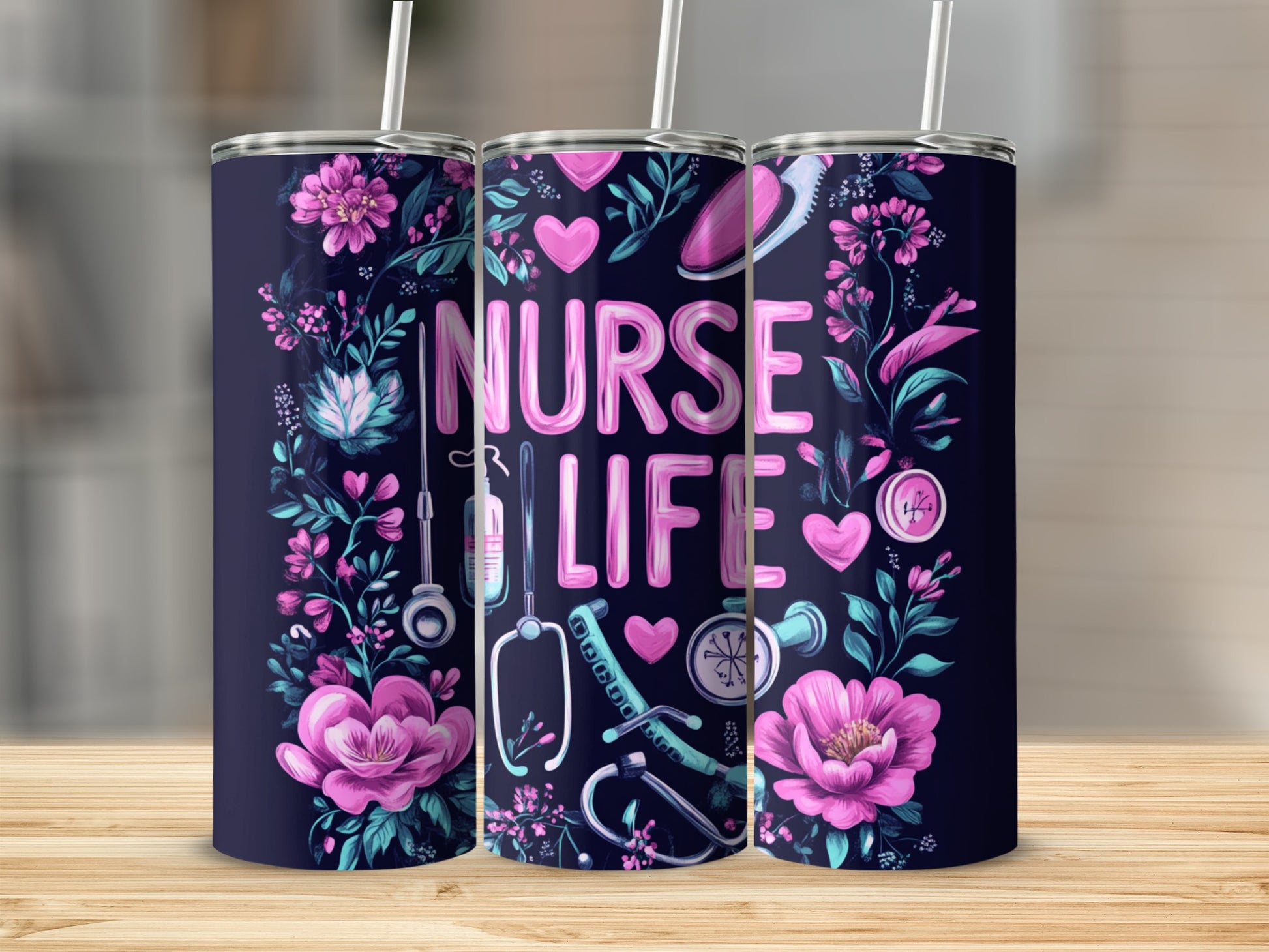Nurse Life tumbler with pink flowers and medical symbols.