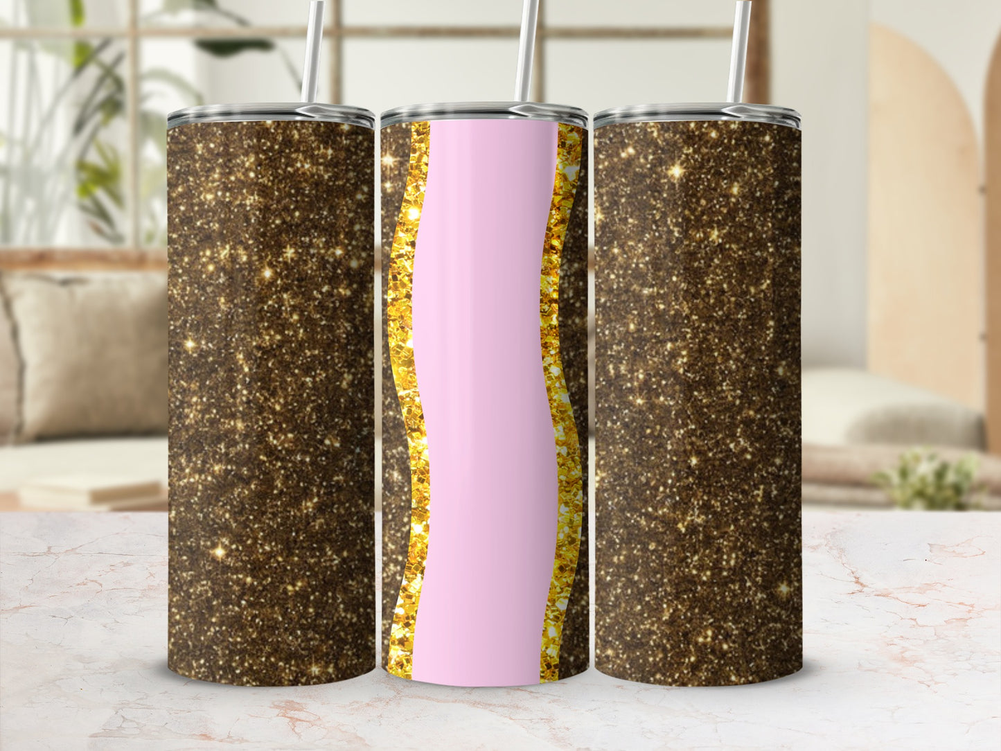 Glitter tumbler with pink wavy stripe and straw, against blurred background.