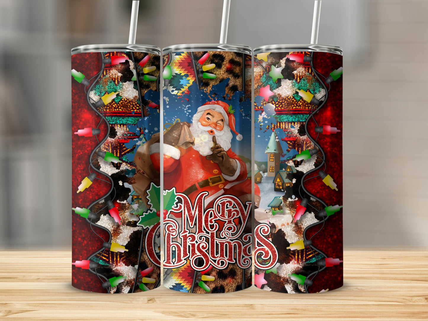 Santa with gift bag and Christmas lights on a tumbler.