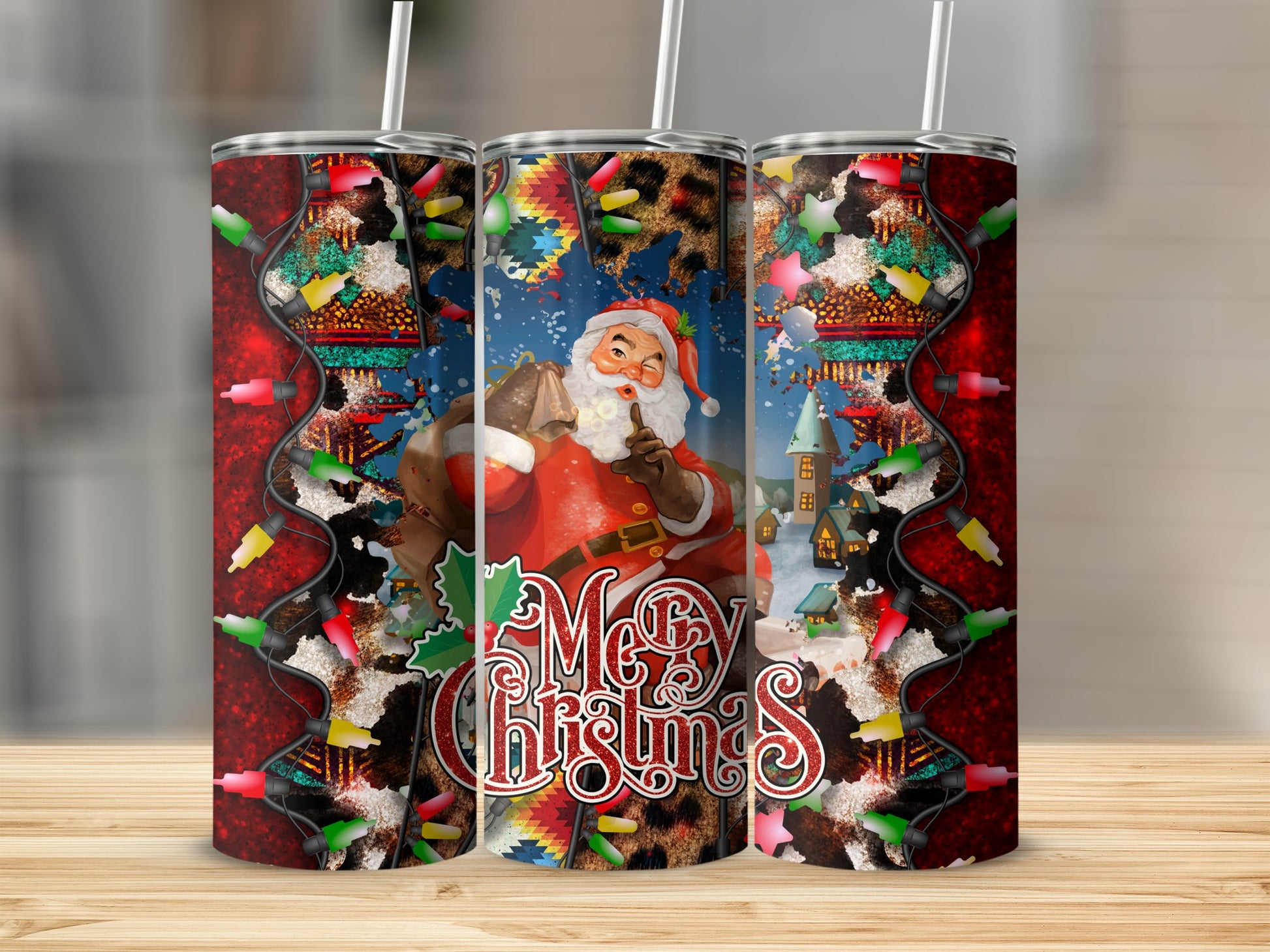 Santa with gift bag and Christmas lights on a tumbler.