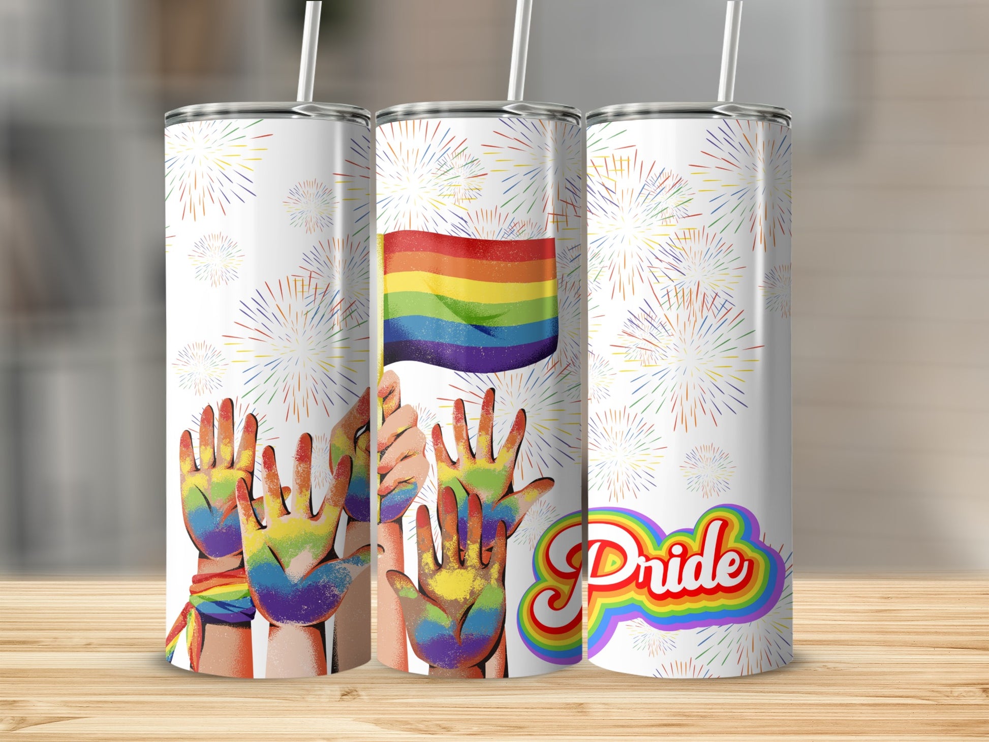 Pride tumbler with rainbow hands and fireworks.