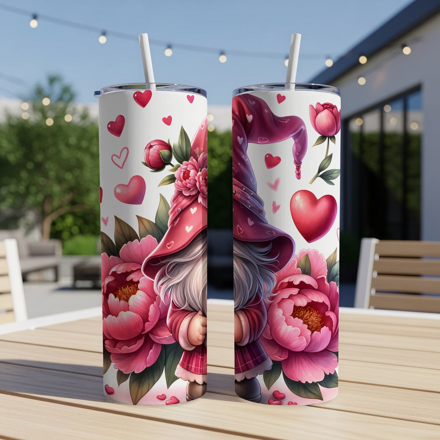 Two Valentine's Day themed tumblers with a gnome and peonies.