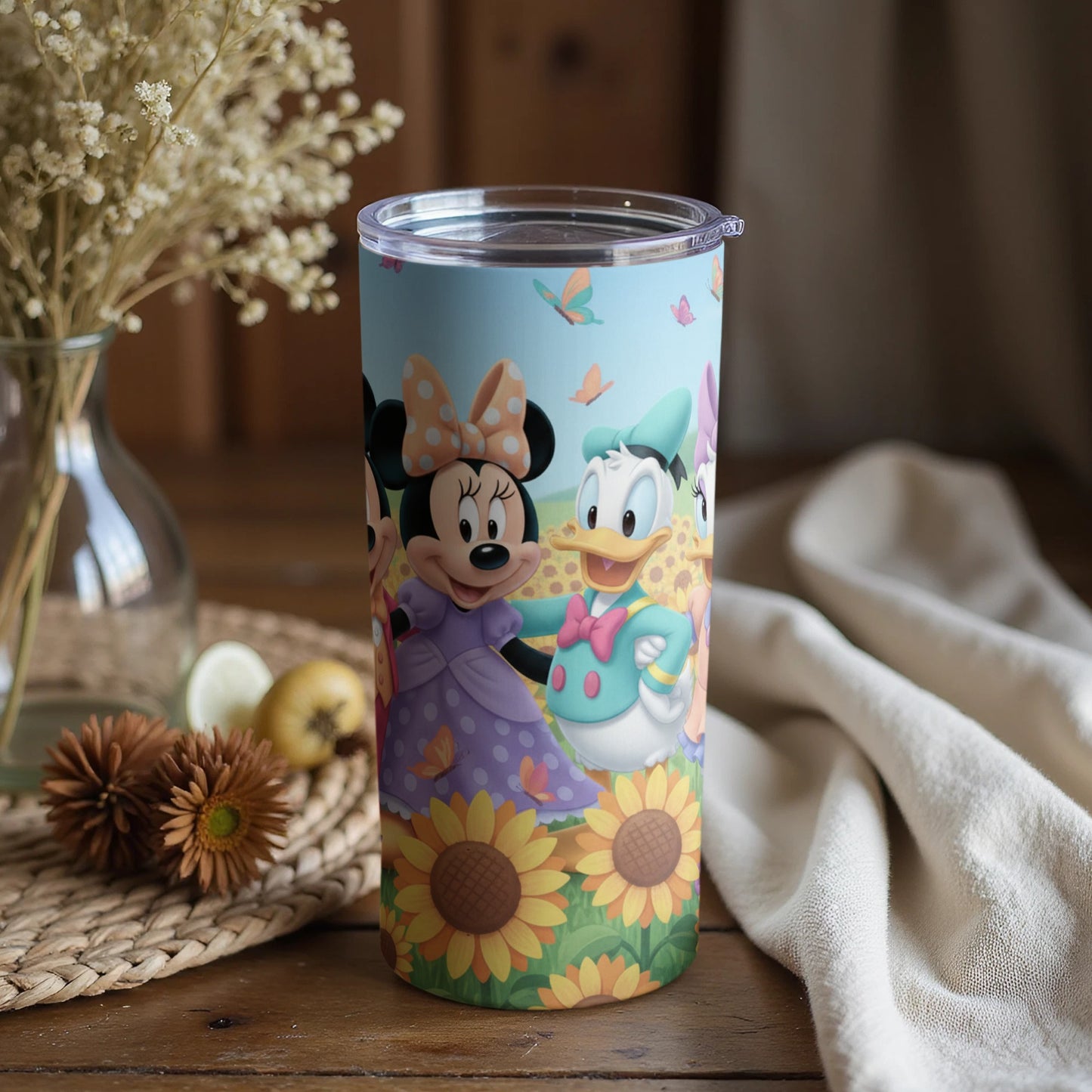 Disney Characters Tumbler with Sunflowers and Butterflies