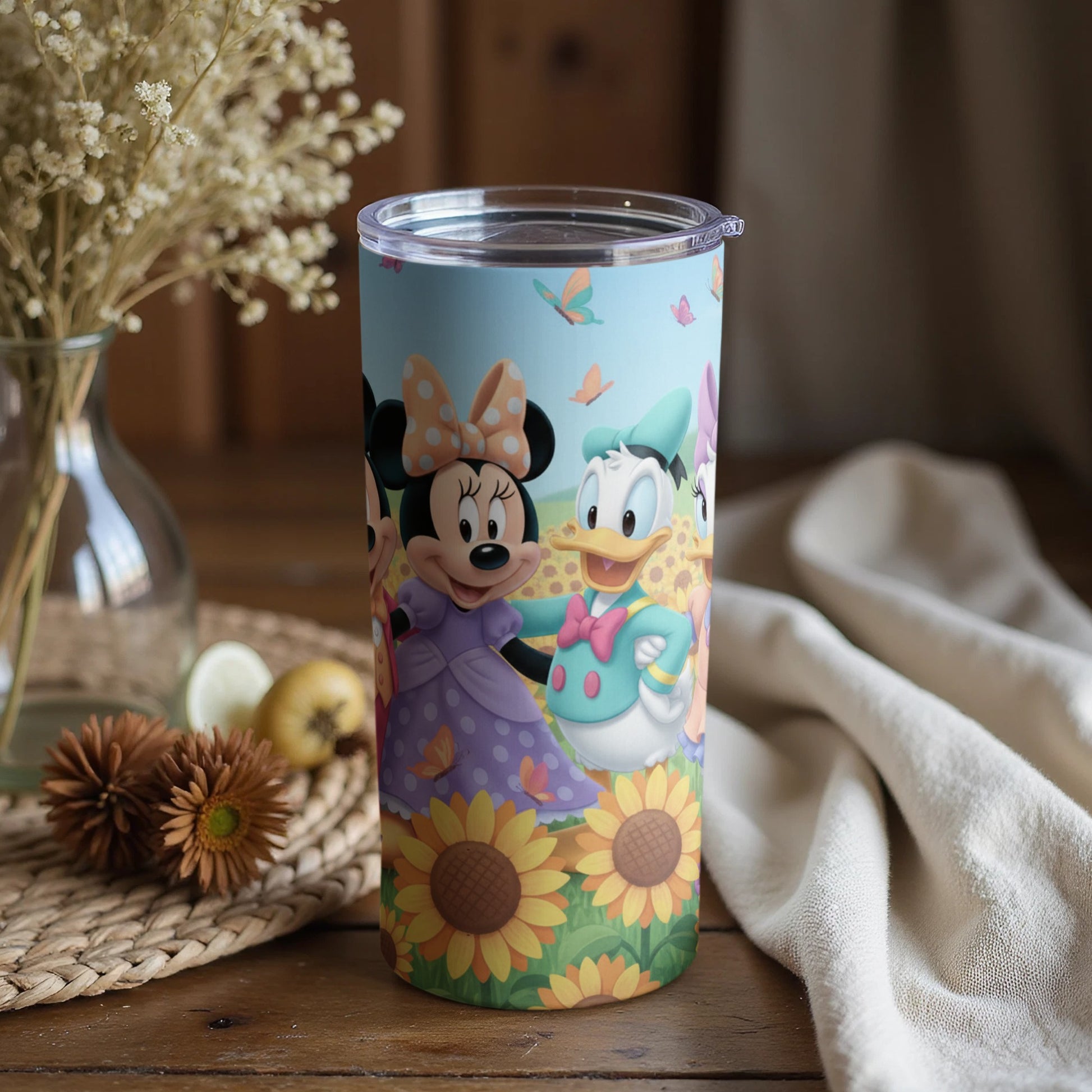 Disney Characters Tumbler with Sunflowers and Butterflies