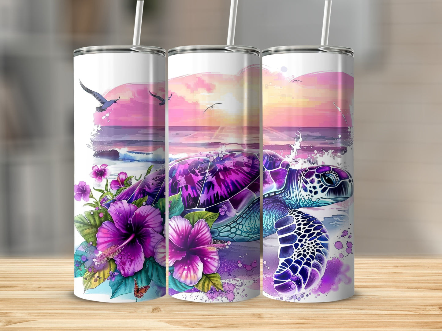 Three tumblers with a sea turtle and hibiscus flowers design.