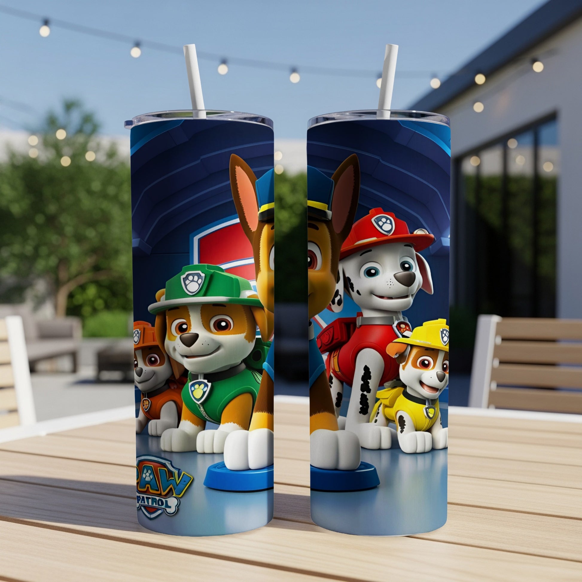 Paw Patrol characters Ryder, Chase, Marshall, Rubble, and Skye on a blue tumbler.