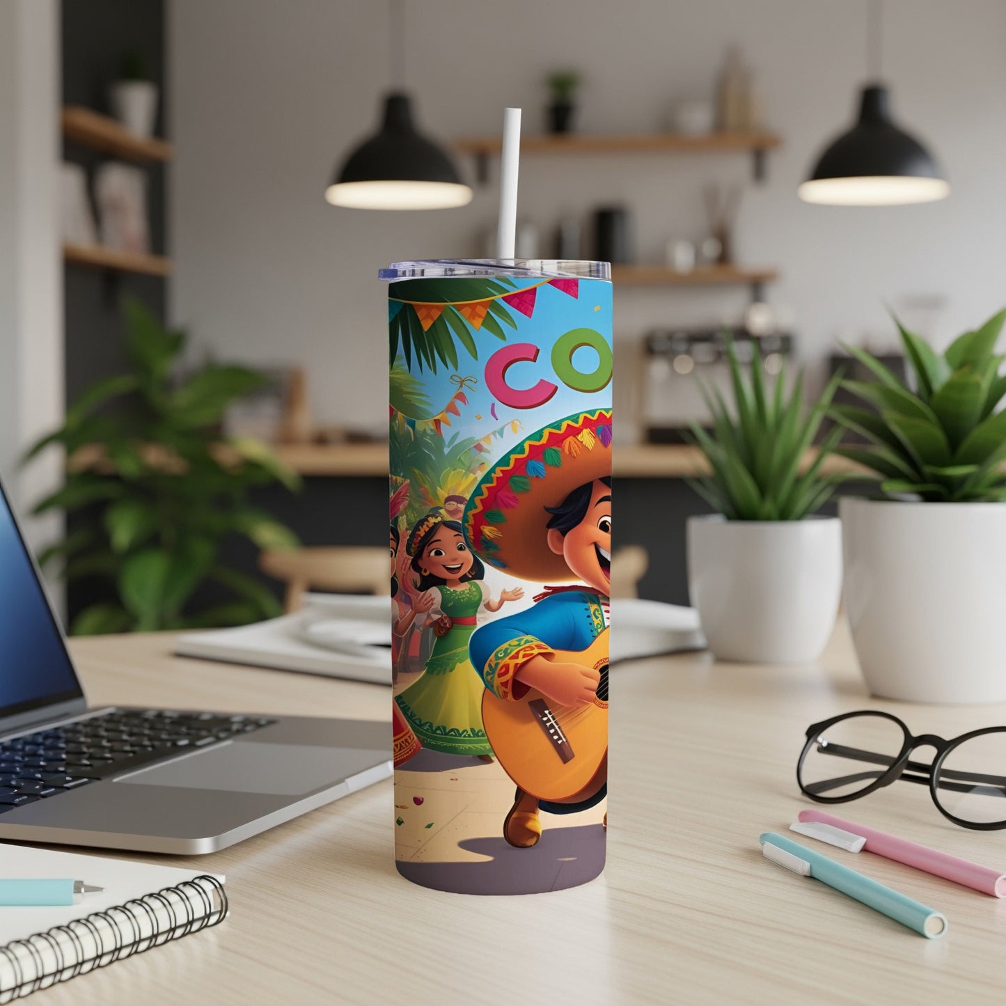 Fiesta-themed tumbler with cartoon couple, ukulele, and colorful border.