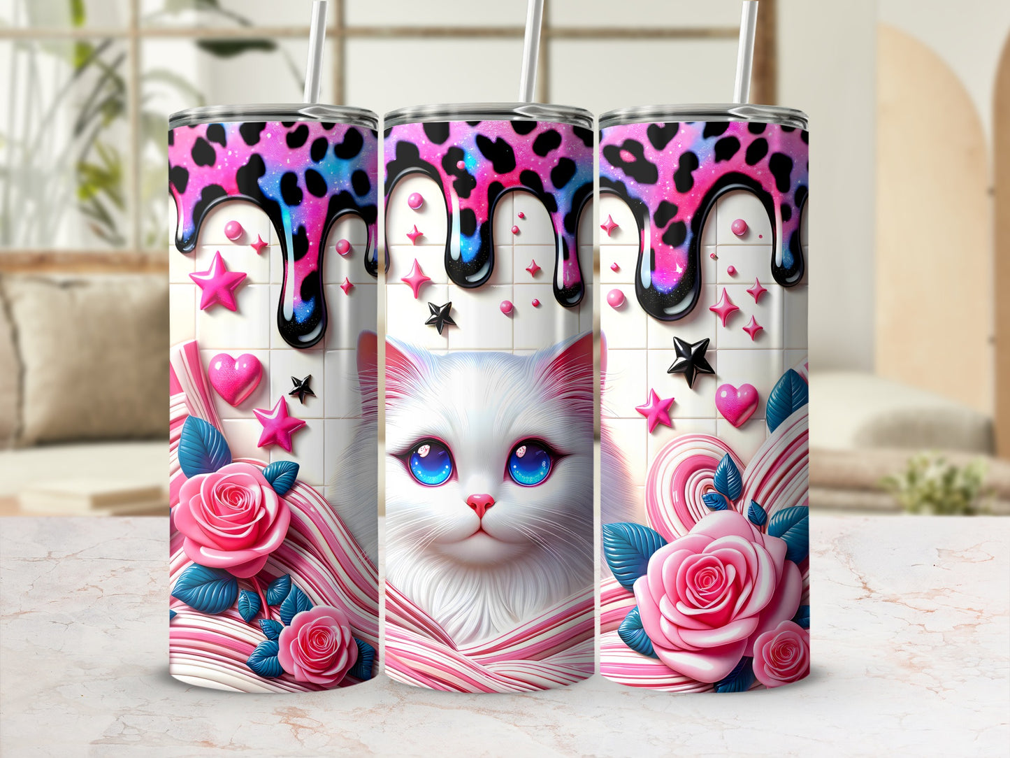 Pink and blue leopard print tumbler with dripping paint and white cat.