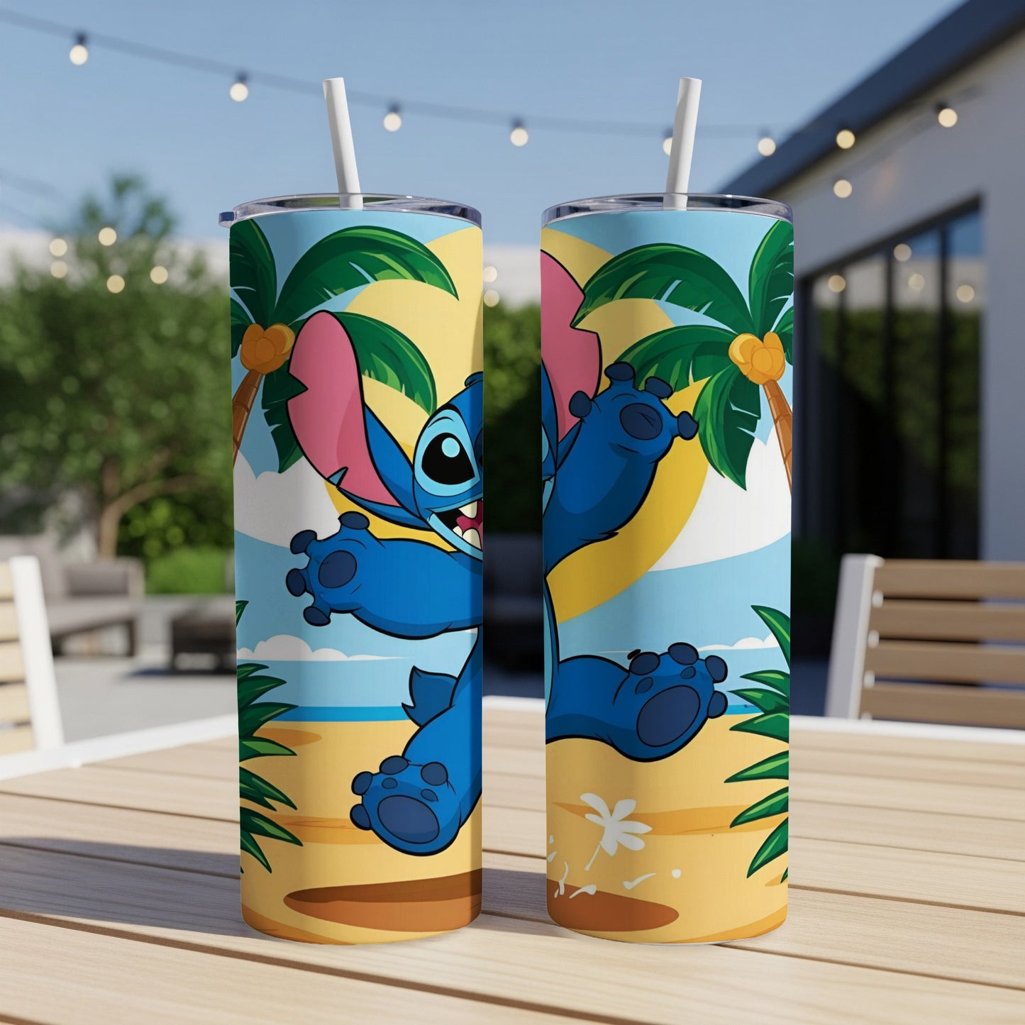Blue Stitch character on a beach tumbler with palm trees and a sandy background.