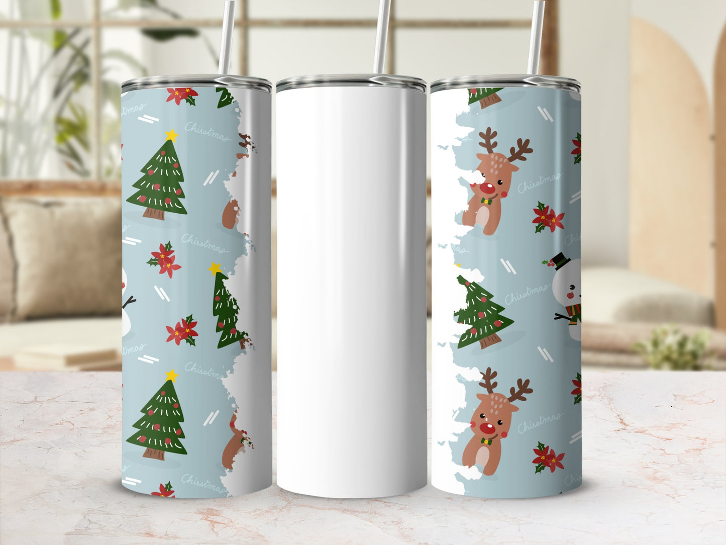 Christmas Themed Reindeer and Snowman Design Tumbler
