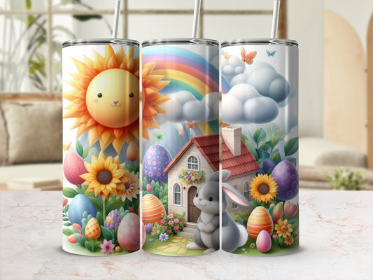 Easter-themed tumbler with sun, rainbow, bunny, and decorated eggs.