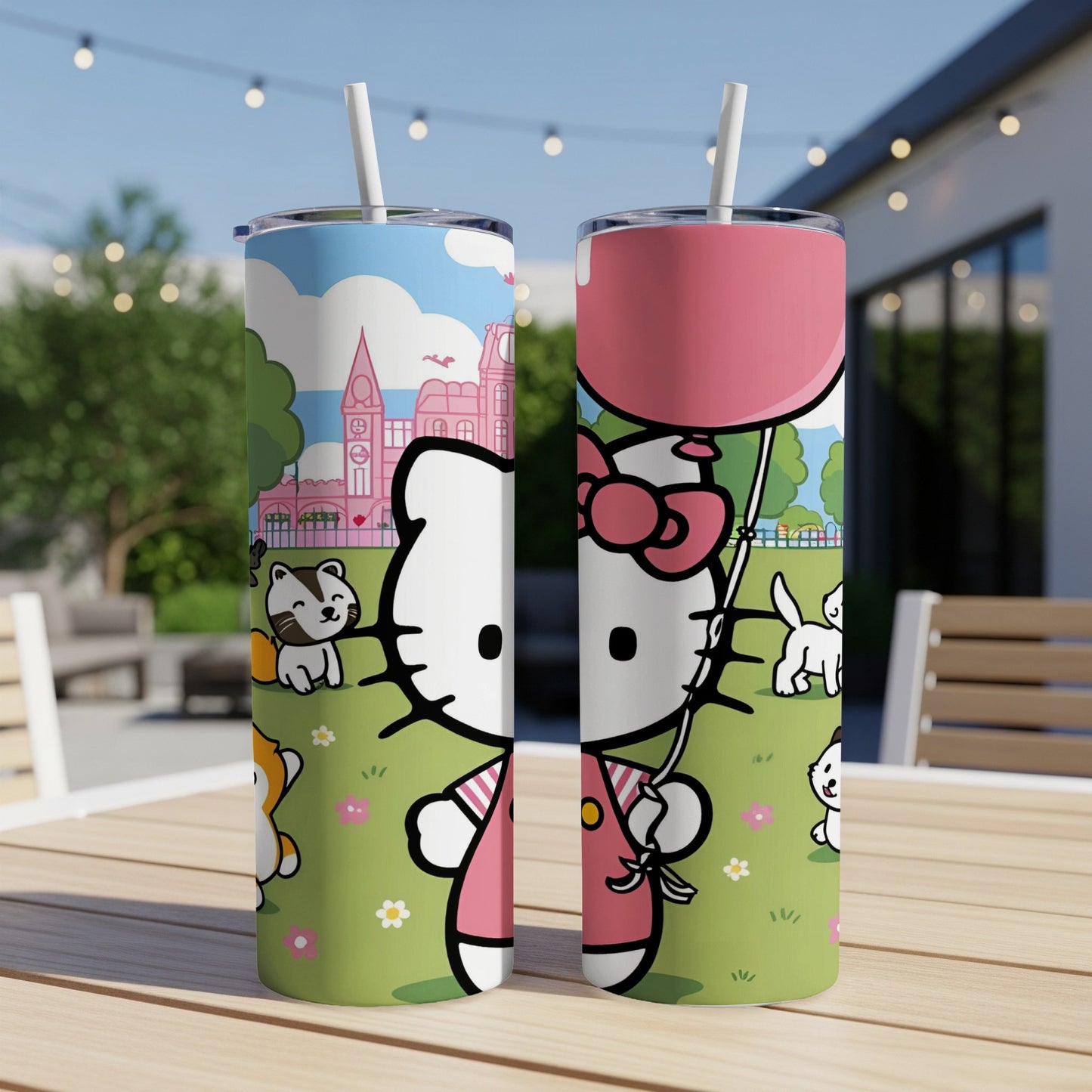 Hello Kitty holding a pink balloon in a whimsical outdoor scene with cats.