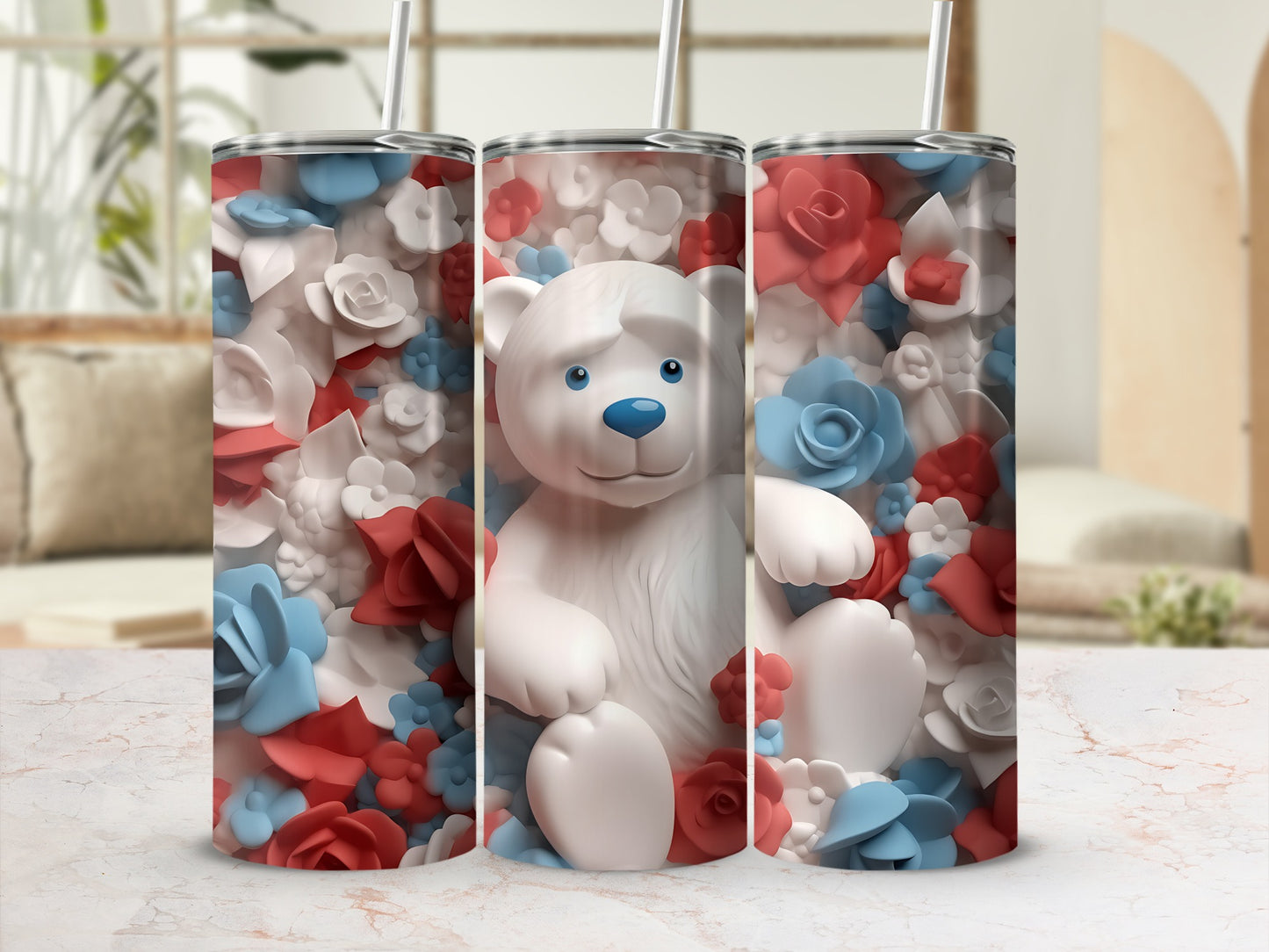White teddy bear on a tumbler surrounded by red and blue flowers.