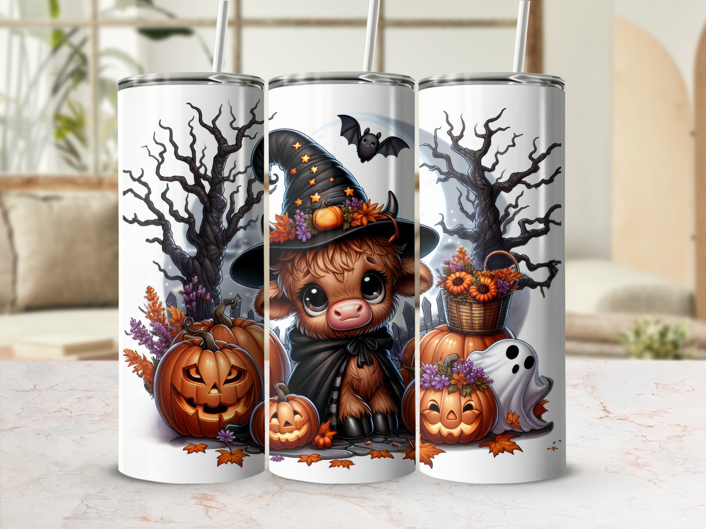 Cute Halloween cow with pumpkins, ghost, and bat.