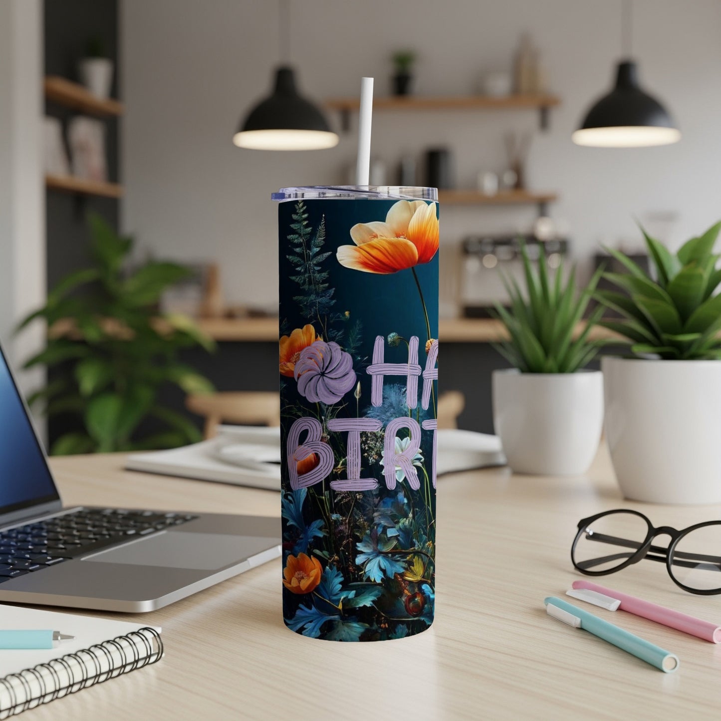 Tall tumbler with floral pattern and "Happy Birthday" text.