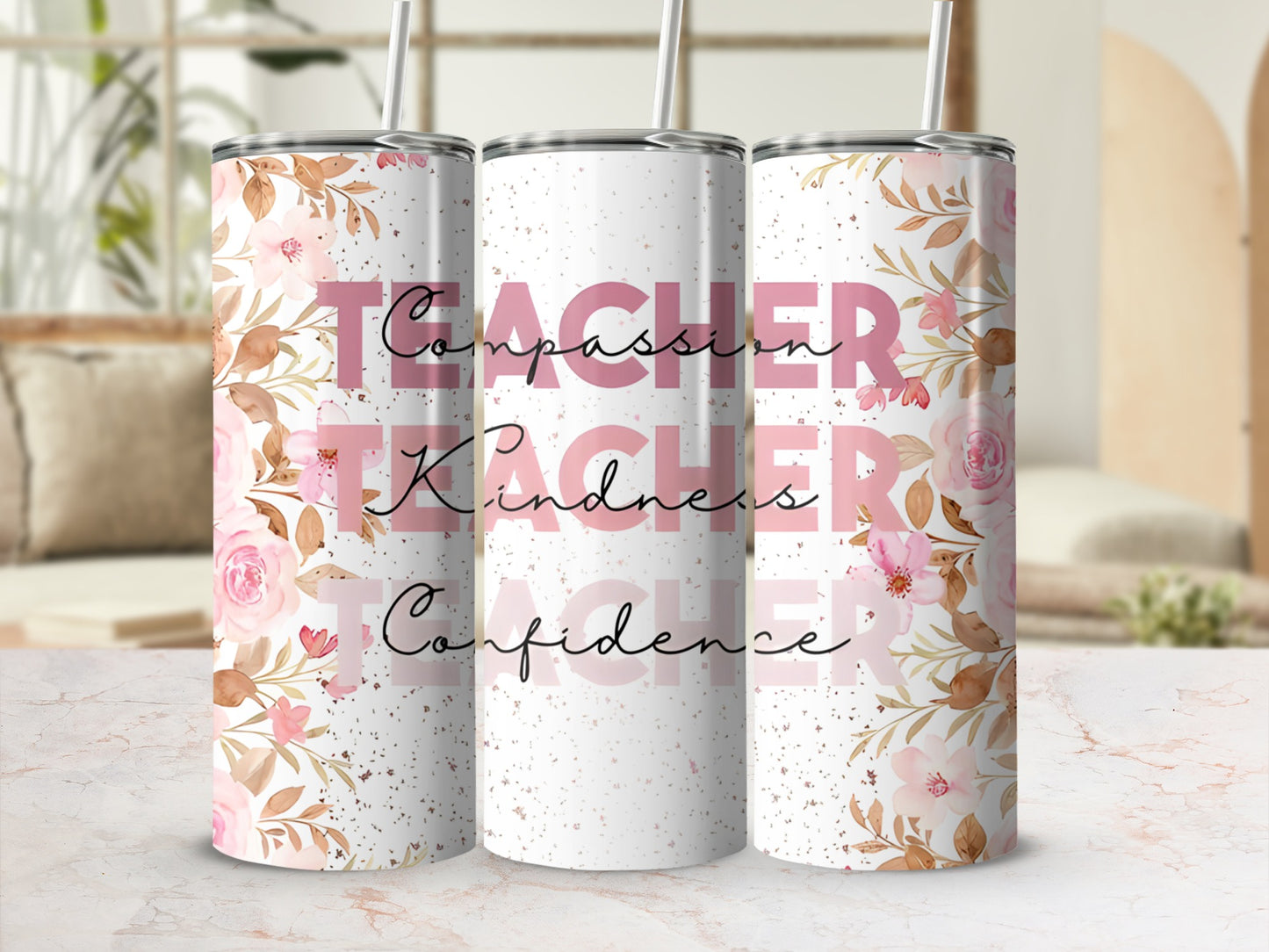 Pink floral tumbler with "Compassion Kindness Confidence" text.