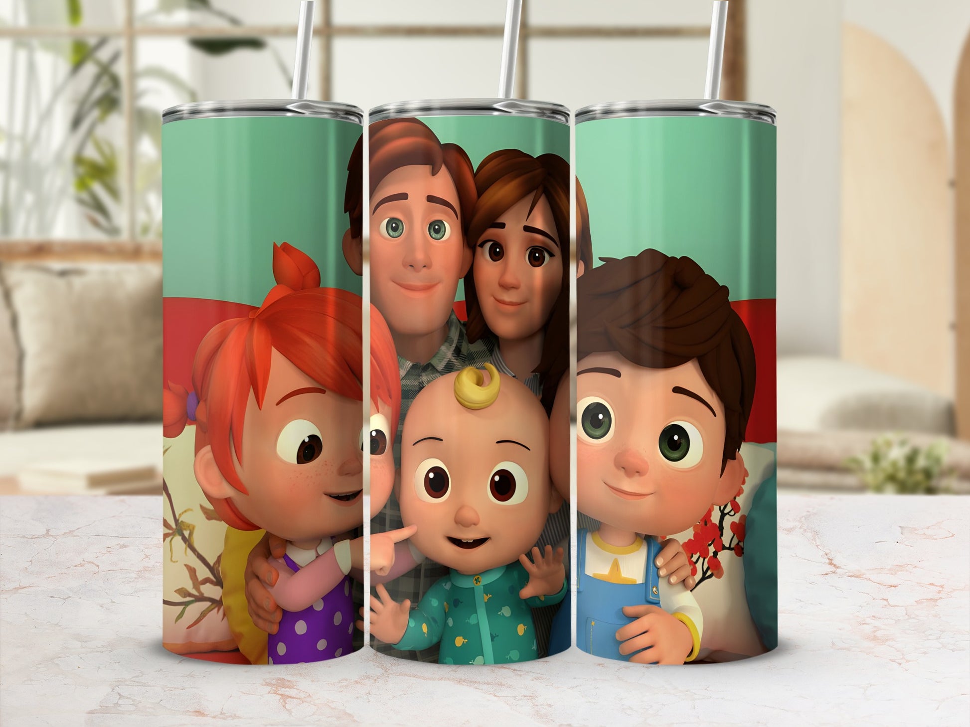 Cocomelon family characters JJ, TomTom, YoYo, and Cody on a tumbler.
