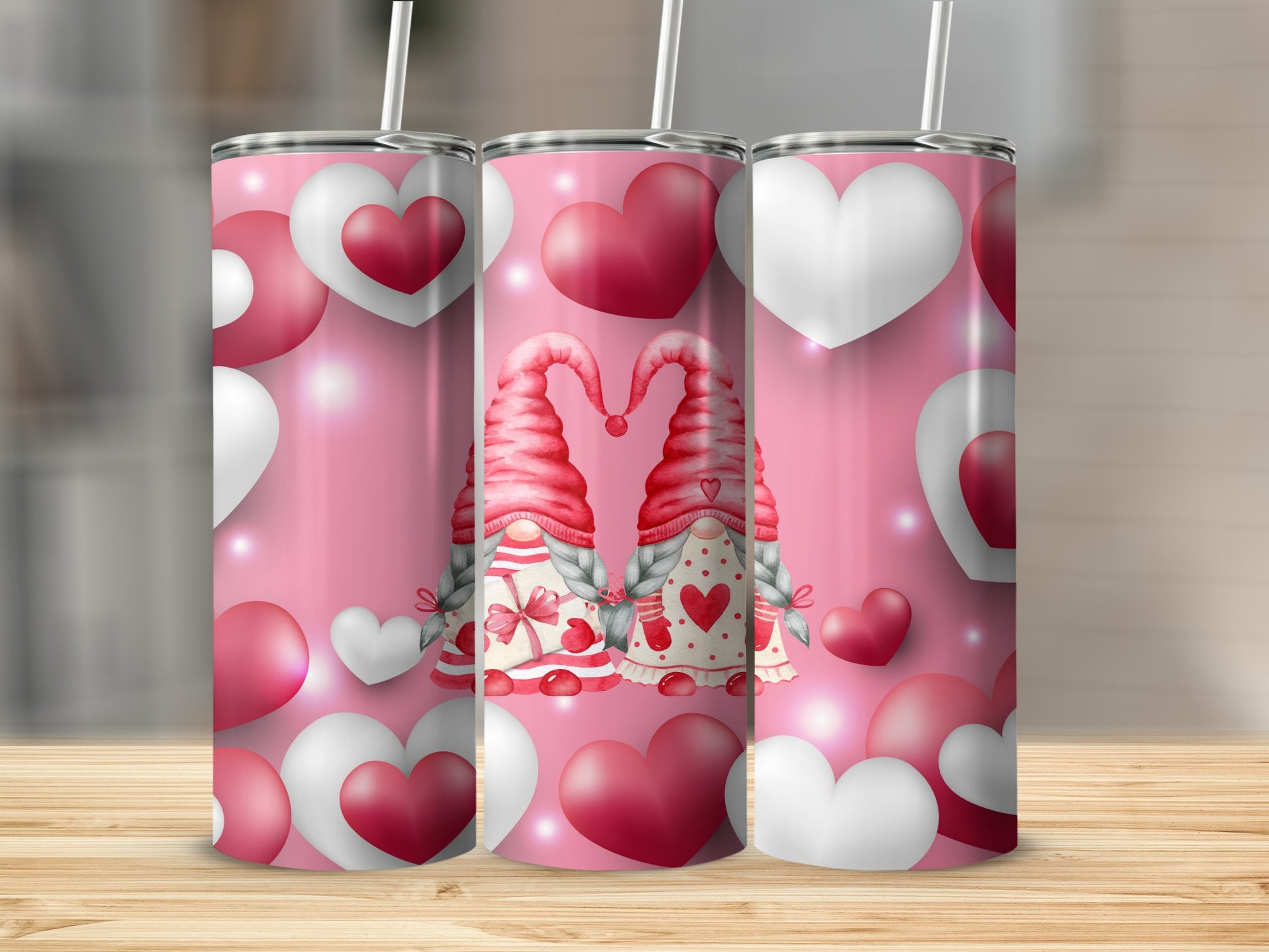 Pink Hearts and Gnomes Valentines Tumbler Cup