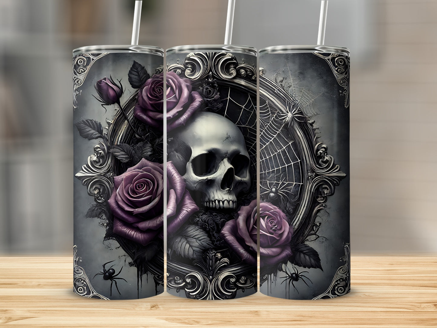 Gothic tumbler with skull, purple roses, and spiderwebs in a decorative frame.